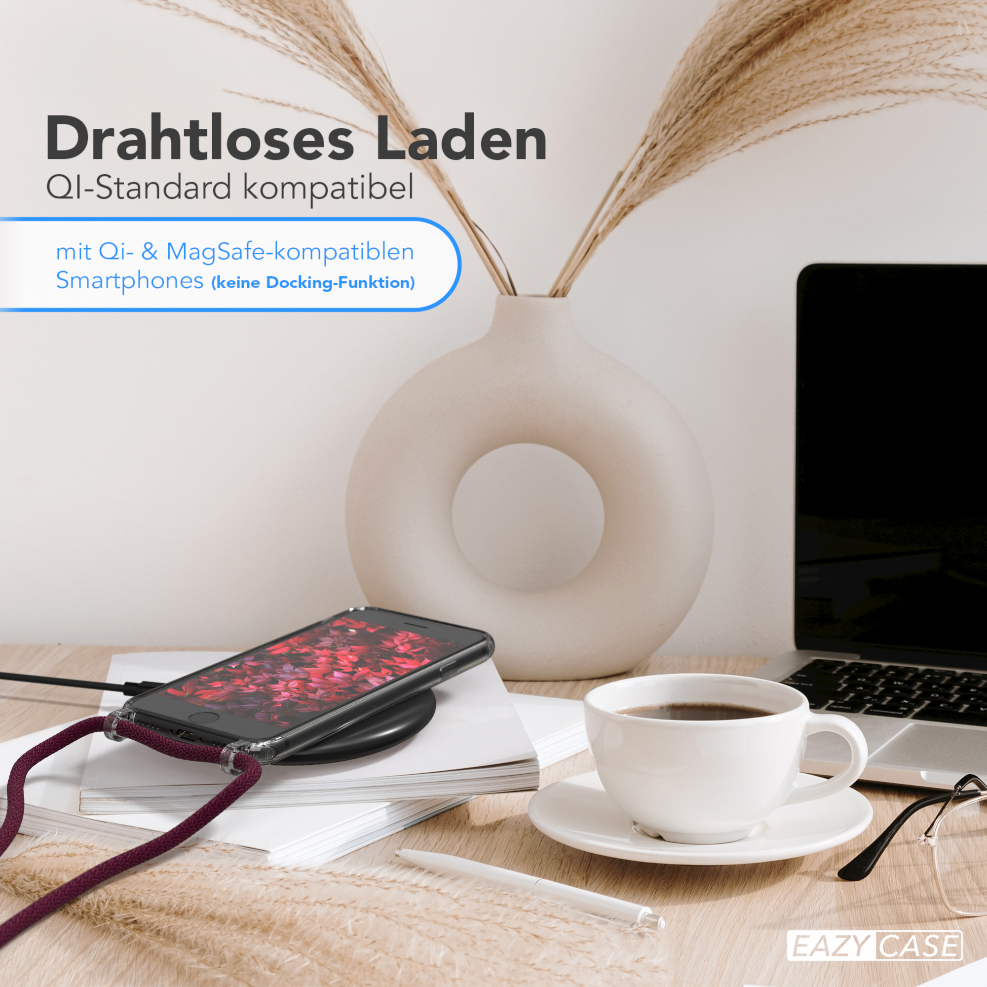 Smartphone kabellos laden, Kaffeetasse, weiße Vase, Text: Drahtloses Laden.
