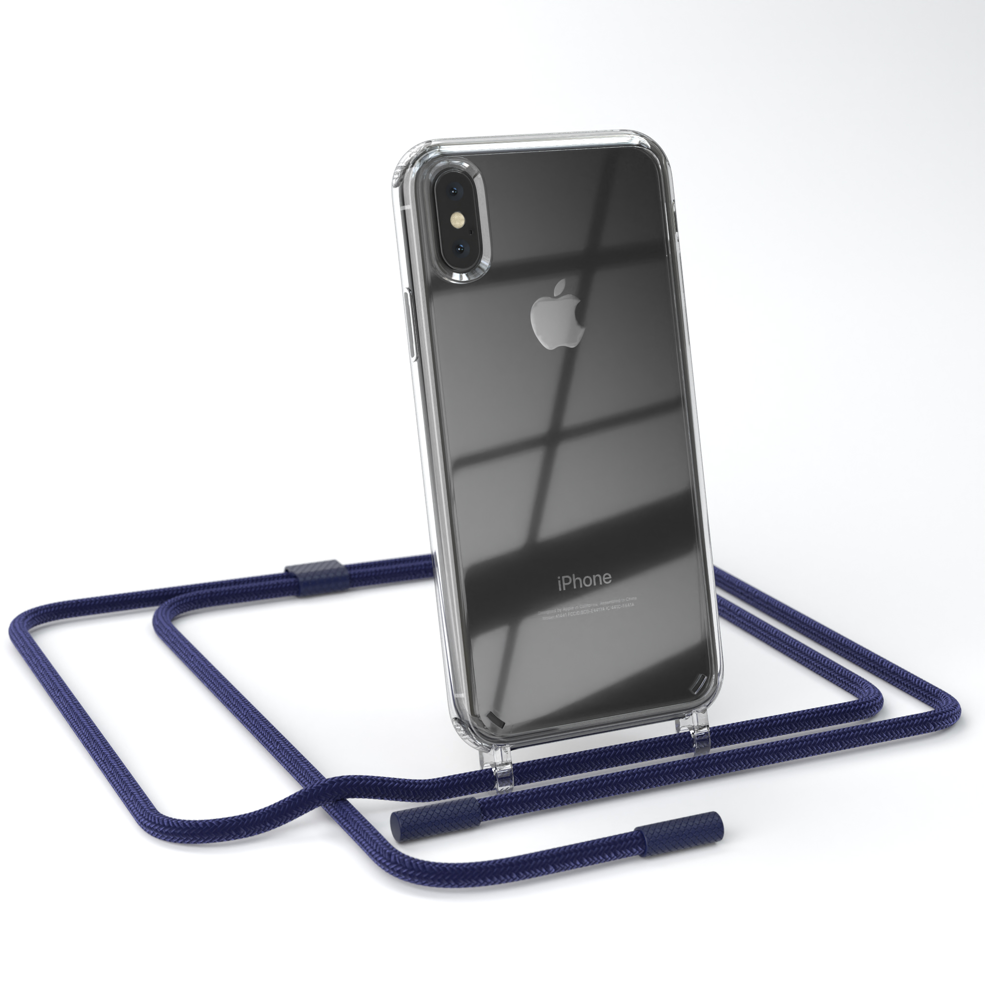 Klare iPhone-Hülle mit marineblauem Lanyard. Das Telefon ist zentriert, mit dem Lanyard geschlungen.