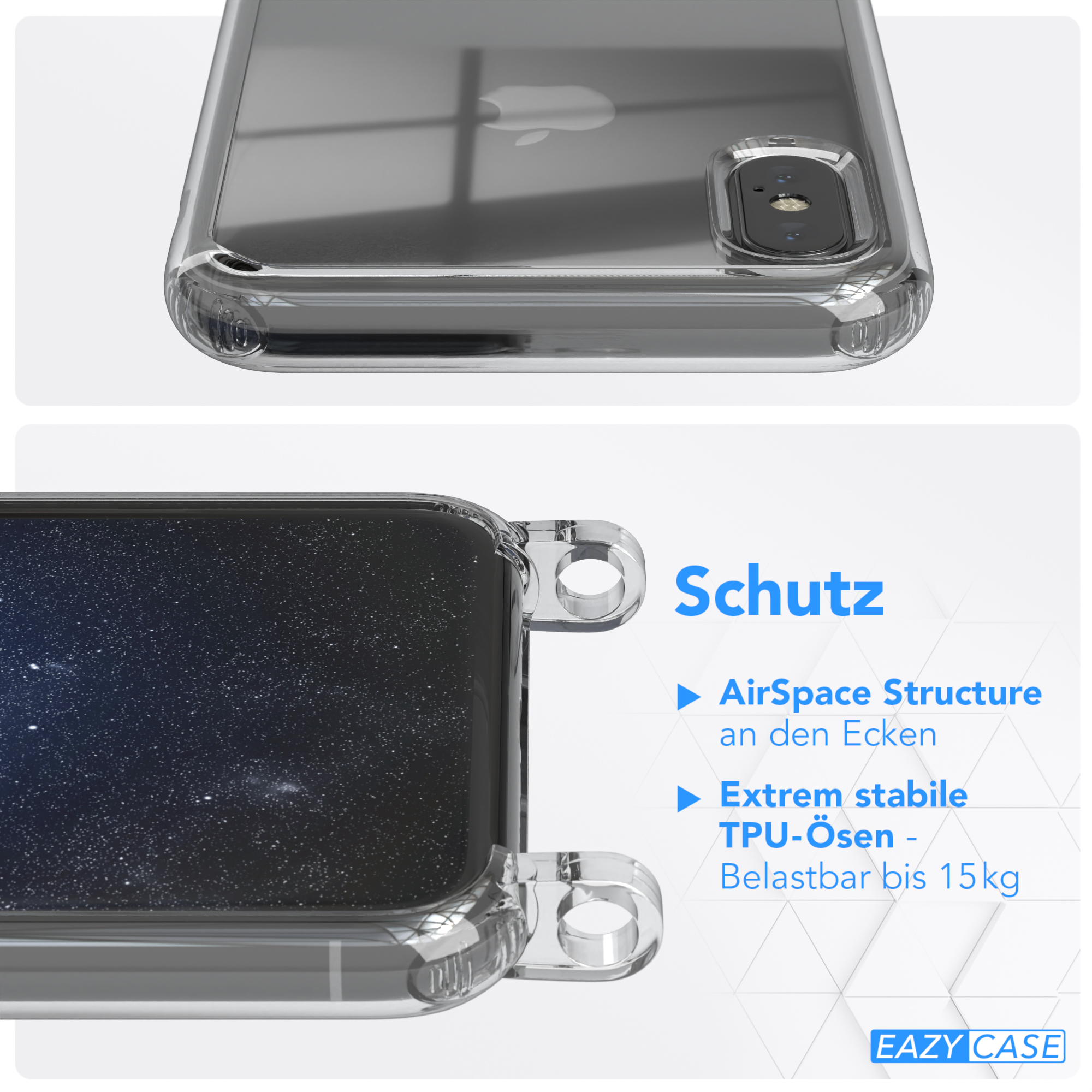 Nahaufnahme der Handyhülle. Text: AirSpace-Struktur, stabile TPU-Ösen, belastbar bis 15 kg.