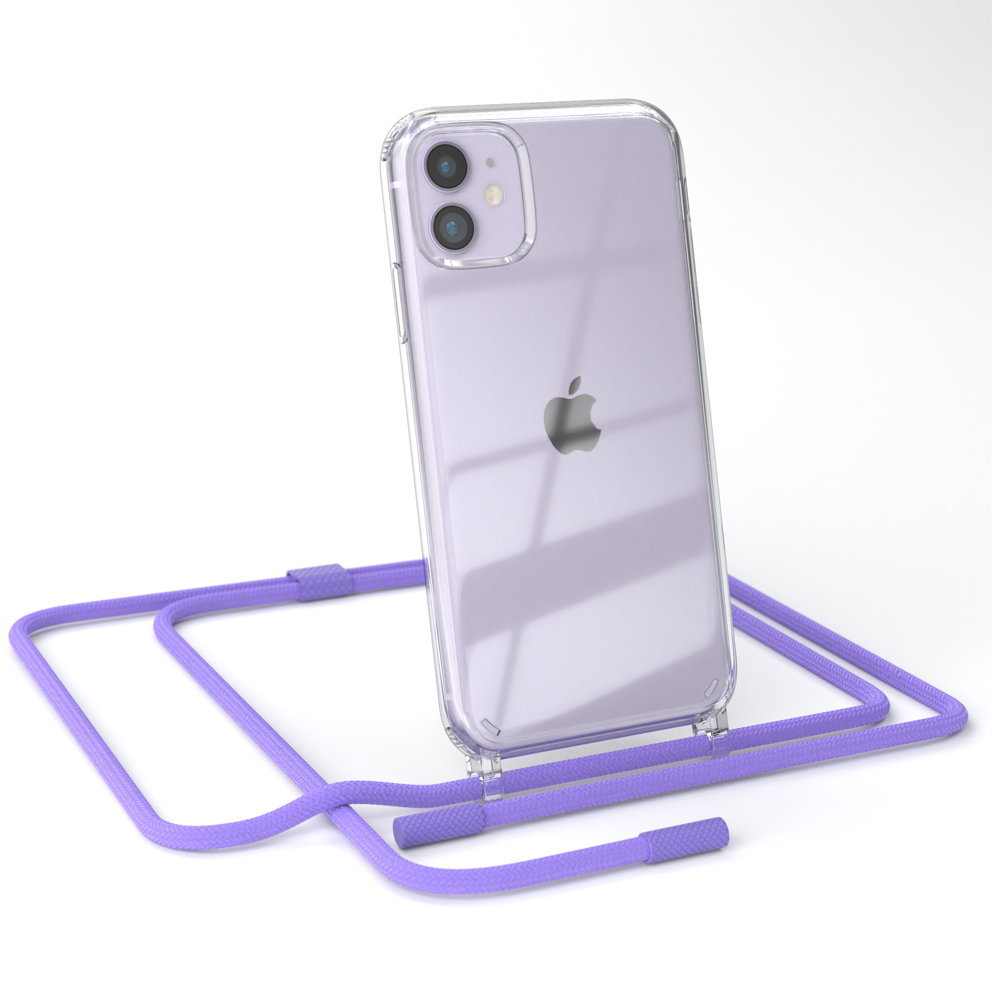 Lila iPhone mit transparentem Gehäuse und passendem Umhängeband auf Weiß. Apple-Logo sichtbar.