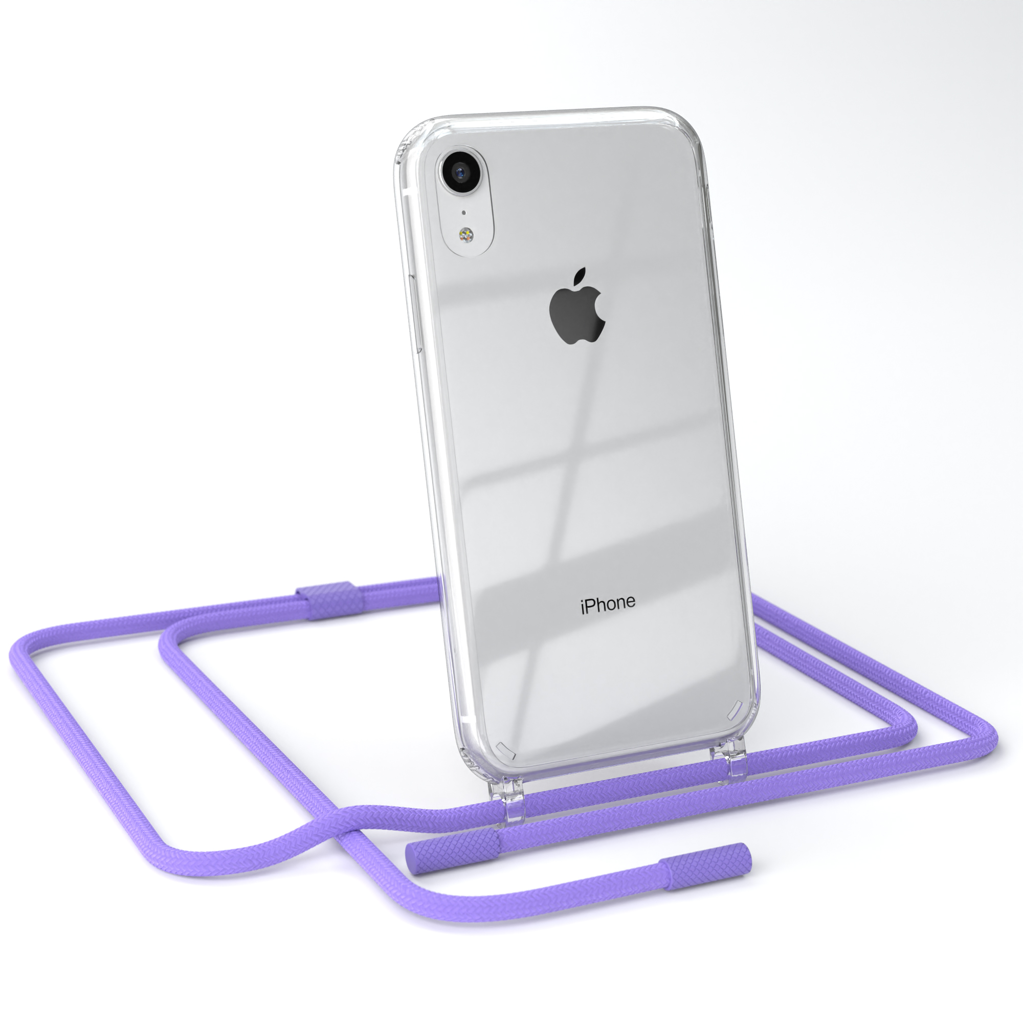 Transparente Handyhülle auf einem iPhone mit lila Schlüsselband. Weißer Hintergrund.