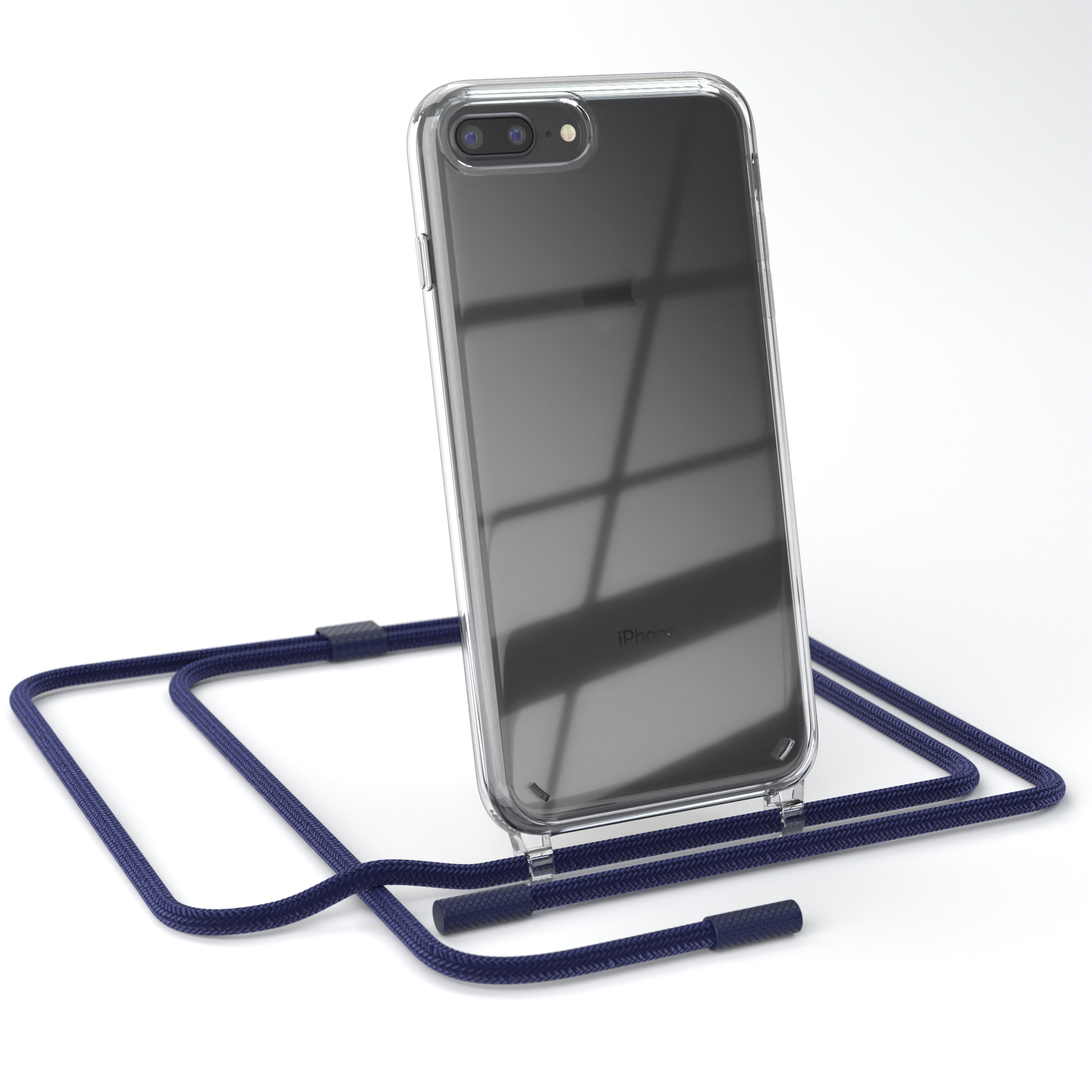 Transparente Handyhülle mit marineblauem Umhängeband und Telefon. Das Telefon hat zwei Kameras und das iPhone-Logo.