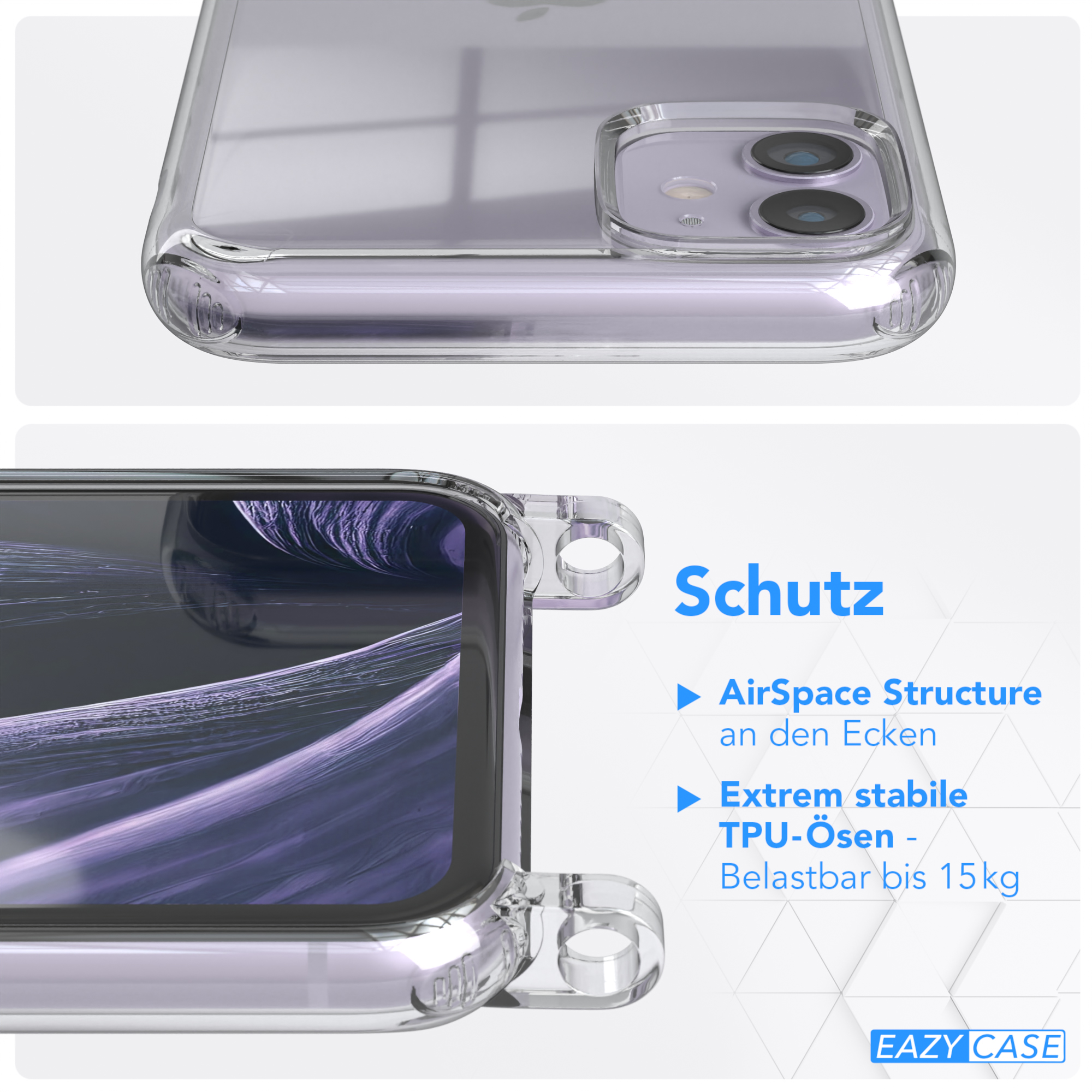 EAZY CASE Transparente Handyhülle mit Lila iPhone Apple, 11, Flieder / unifarbend, Kette runder Umhängetasche