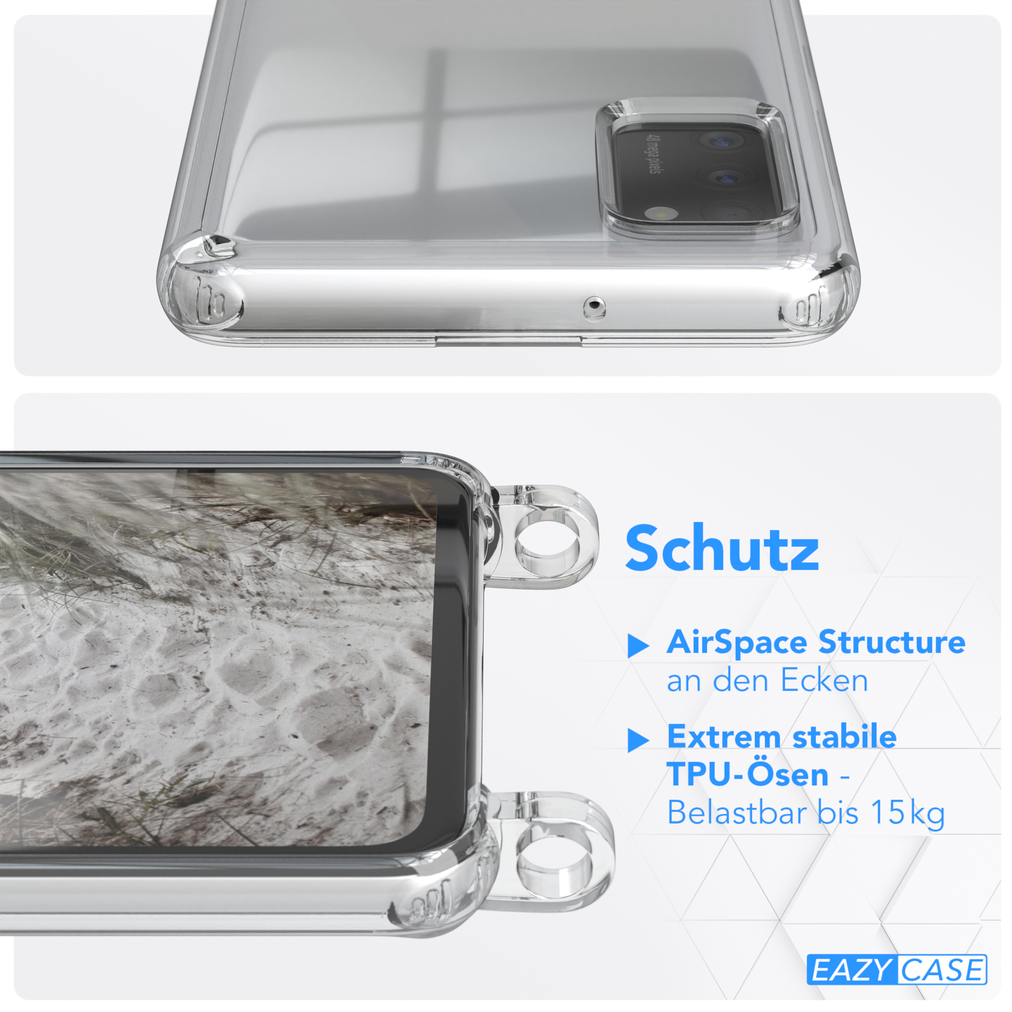 Beige Kette / Taupe Grau unifarbend, A41, runder Umhängetasche, Samsung, mit EAZY CASE Transparente Galaxy Handyhülle
