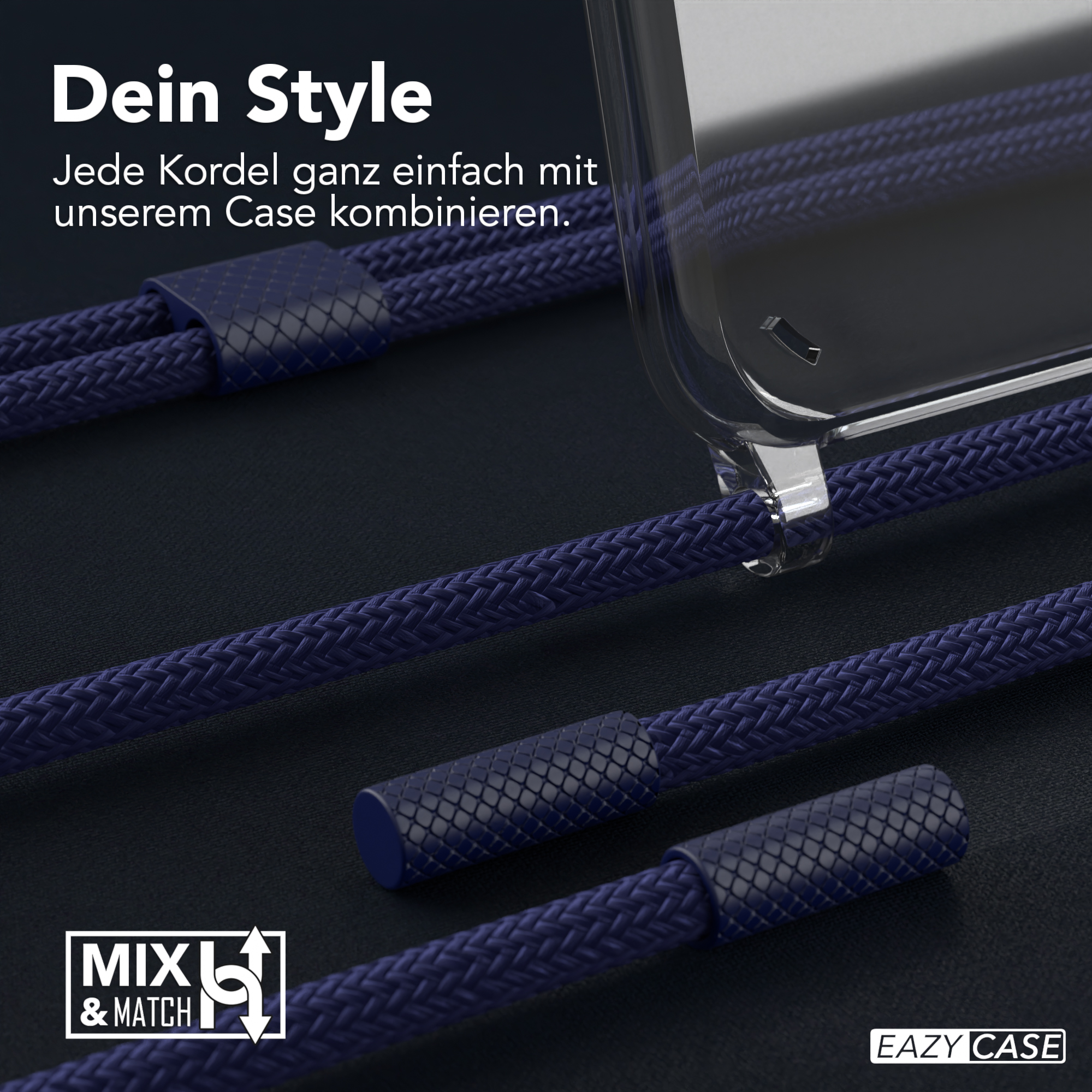 Nahaufnahme von blauen Telefonschnüren und einer durchsichtigen Handyhülle, die das Produkt zeigen.