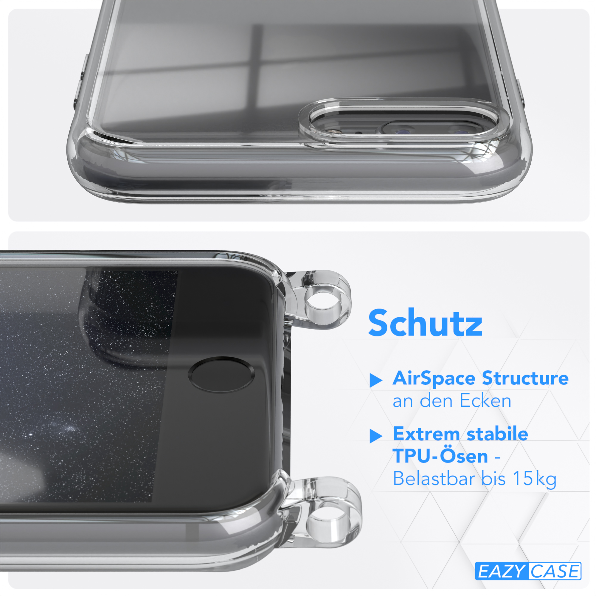 Transparente Handyhülle mit verstärkten Ecken. Nahaufnahme zeigt die Kanten und den Umriss des Telefons.