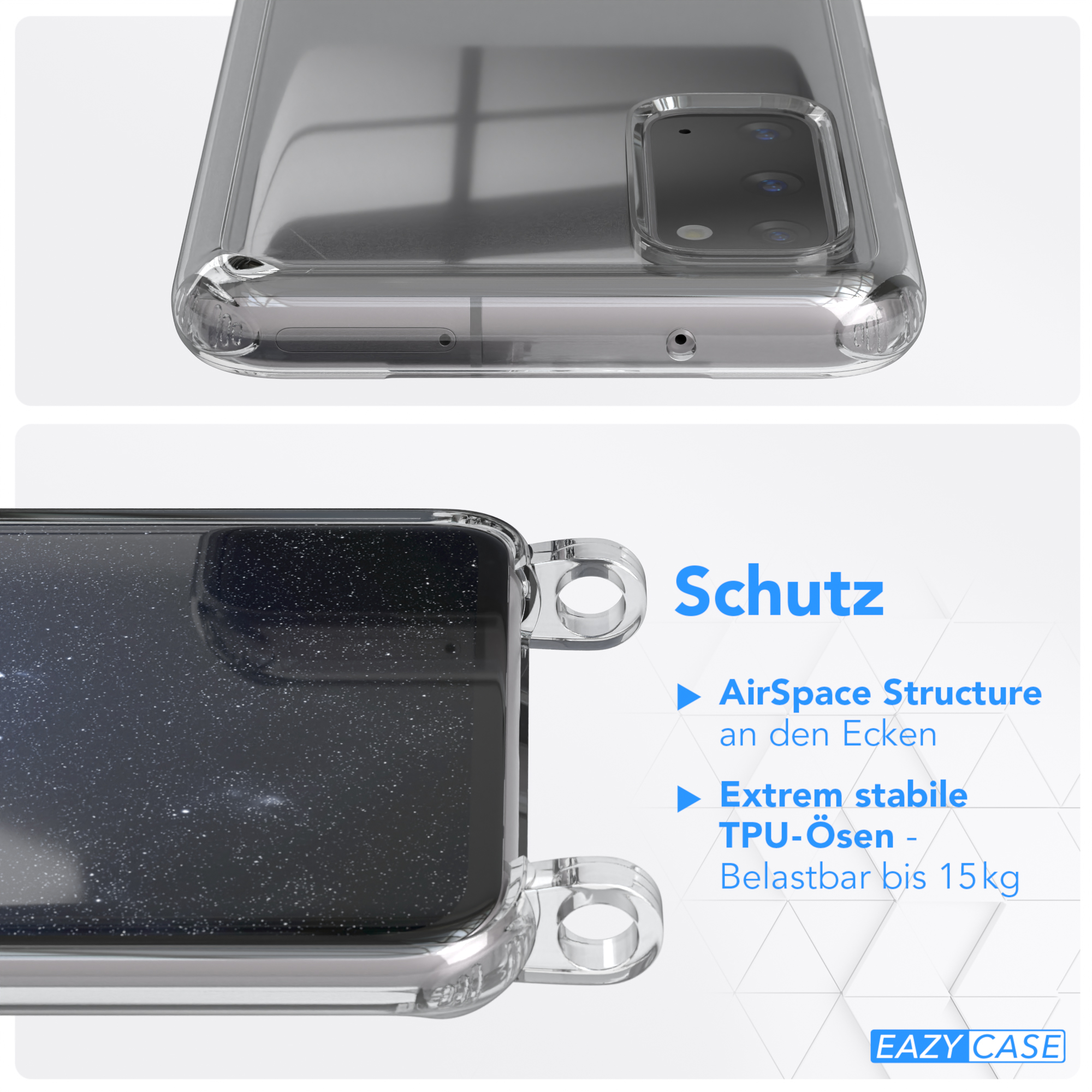 Samsung, Nachtblau Galaxy / EAZY mit CASE Kette Handyhülle S20, unifarbend, Transparente Dunkelblau Umhängetasche, runder