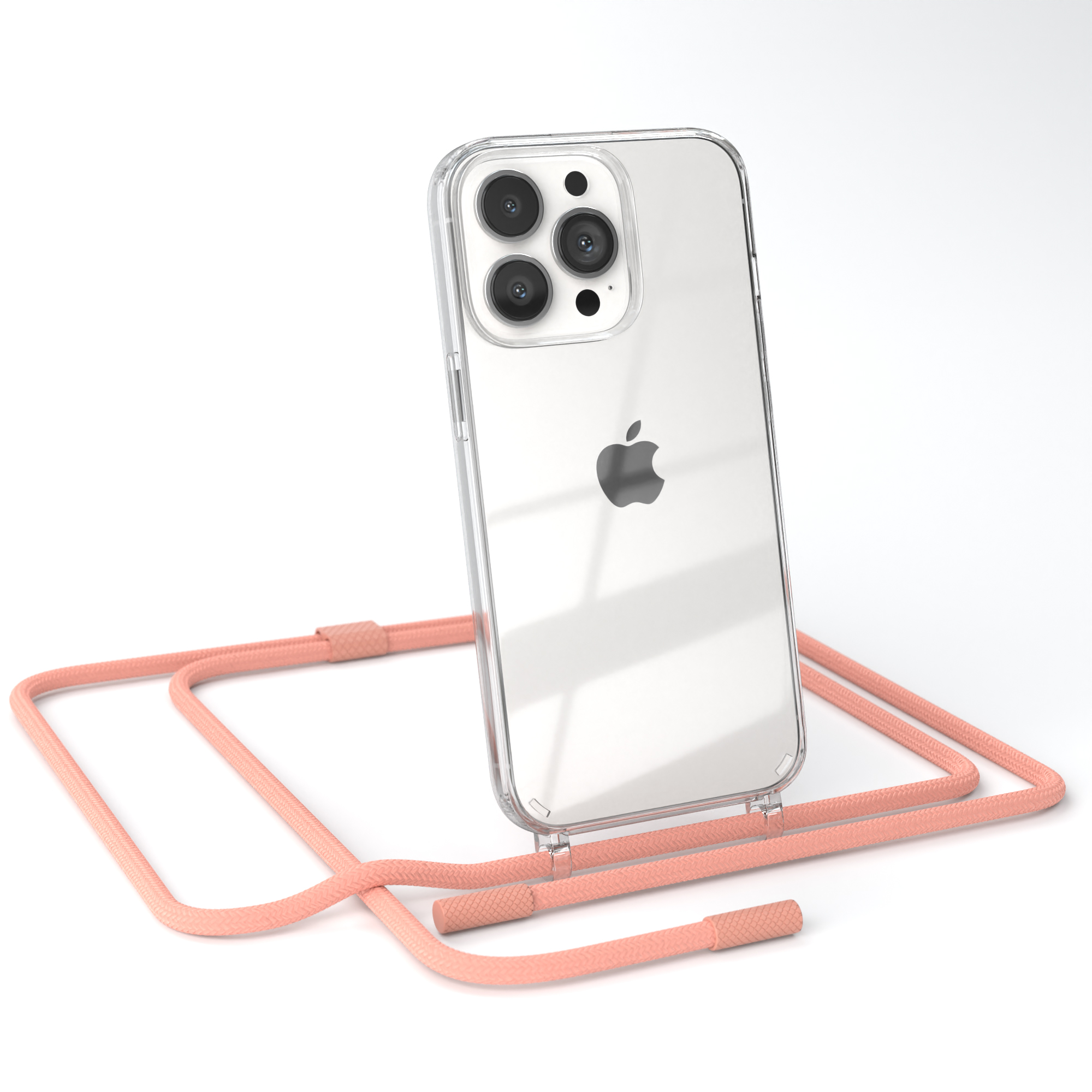 Transparente Handyhülle mit rosa Riemen. Das Telefon ist ein iPhone 14 Pro. Weißer Hintergrund.