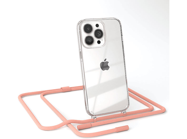 EAZY CASE Transparente Handyhülle mit runder Kette unifarbend, Umhängetasche, Apple, iPhone 13 Pro, Altrosa / Coral | Handyketten