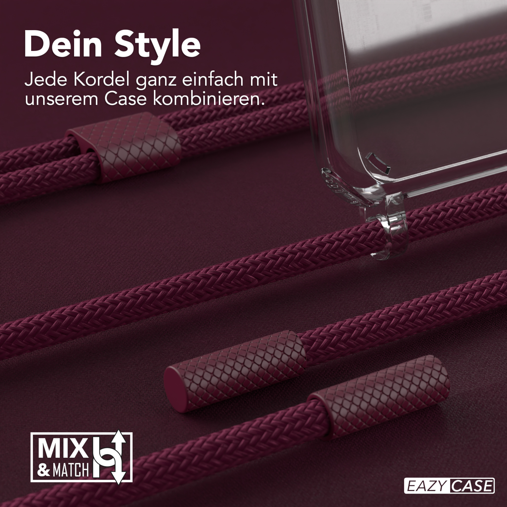 Bordeauxfarbene Telefonkordeln auf bordeauxfarbenem Hintergrund, Text 'Dein Style'.