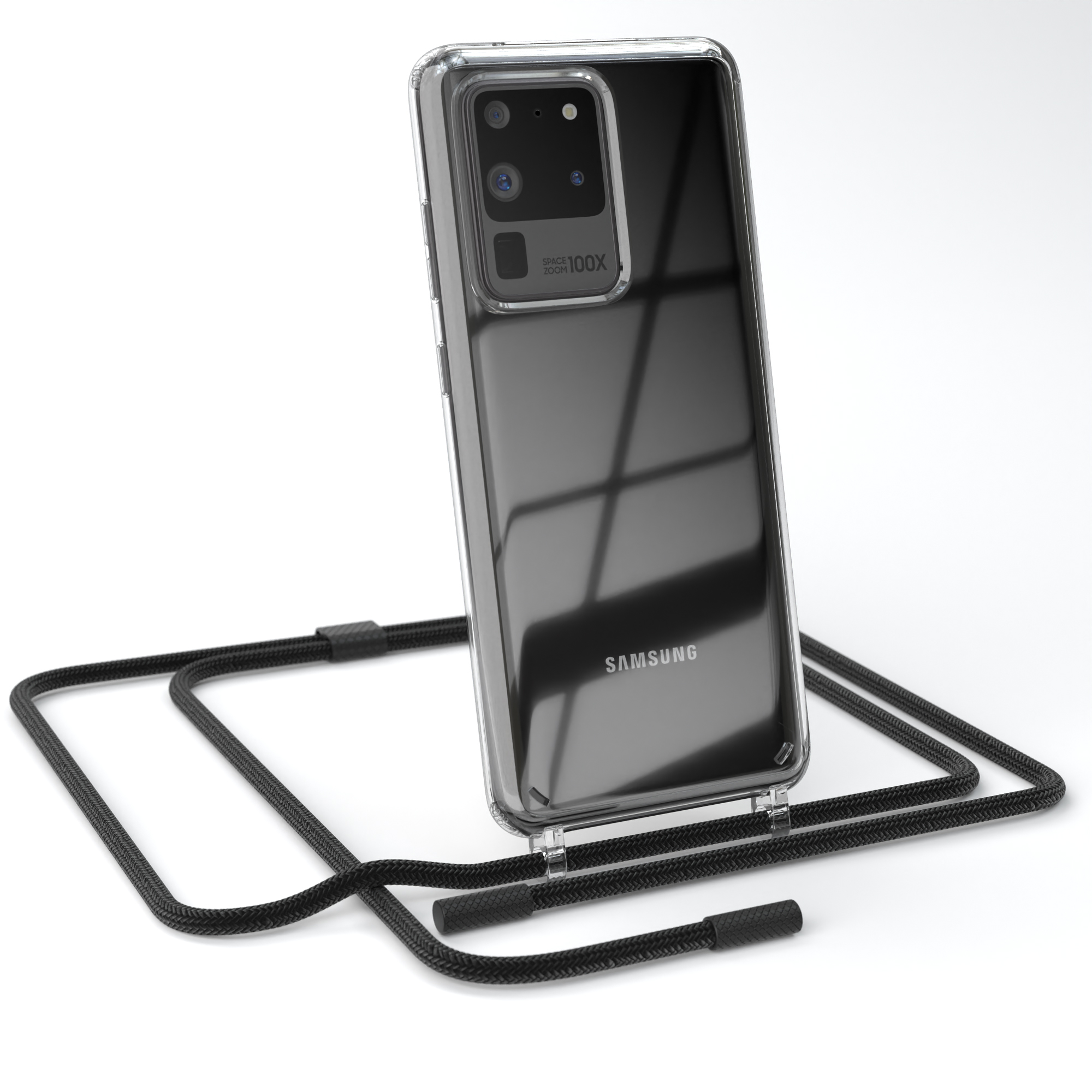 Transparente Handyhülle mit schwarzem Umhängeband und Telefon. Samsung Logo ist sichtbar.