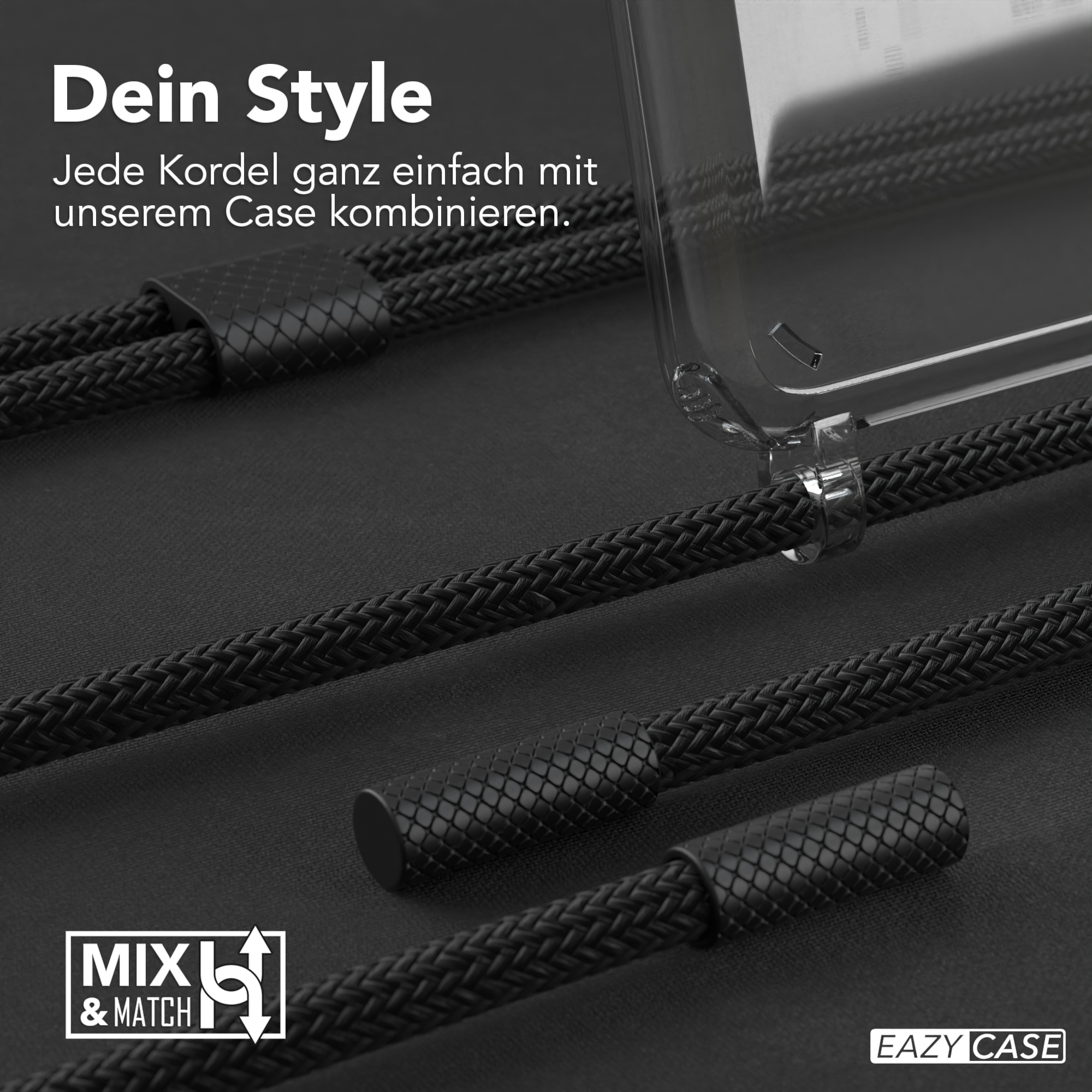 Nahaufnahme von schwarzen Telefonkabeln und einer transparenten Handyhülle. Text: Dein Style.