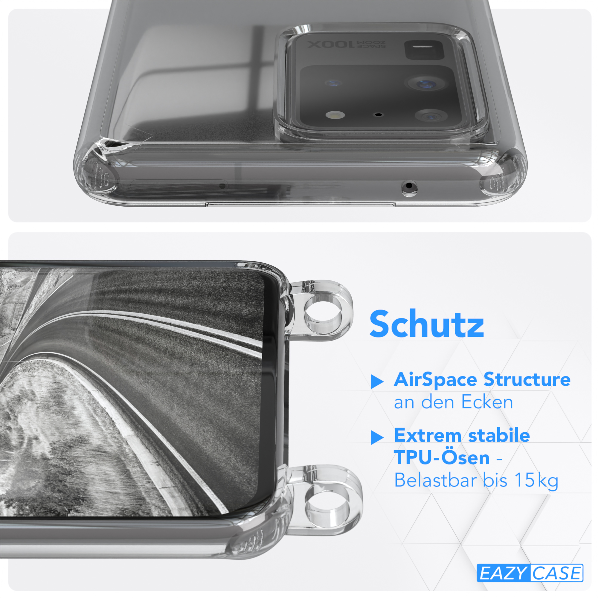 Nahaufnahme einer Handyhülle mit Details, darunter eine transparente Hülle mit einem Telefon darin.