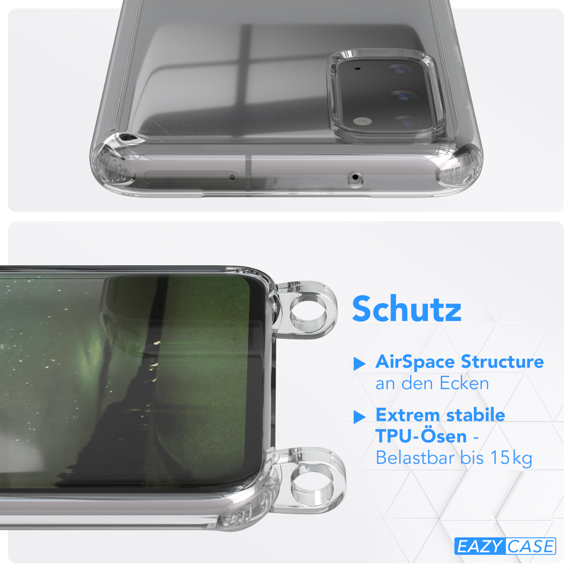 EAZY CASE Transparente Handyhülle mit Kette S20, Dunkelgrün Umhängetasche, / Samsung, runder Nachtgrün unifarbend, Galaxy