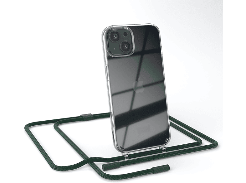 EAZY CASE Transparente Handyhülle mit runder Kette unifarbend, Umhängetasche, Apple, iPhone 13, Dunkelgrün / Nachtgrün