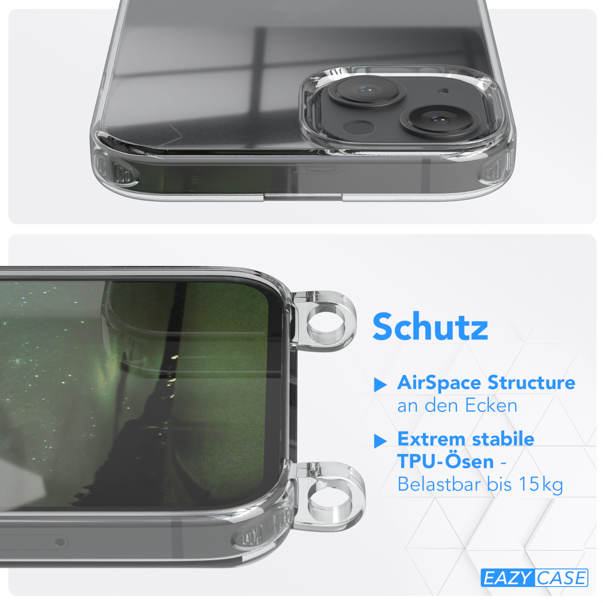 Nahaufnahme einer Handyhülle. Text: Schutz, AirSpace-Struktur, stabile TPU-Ösen.