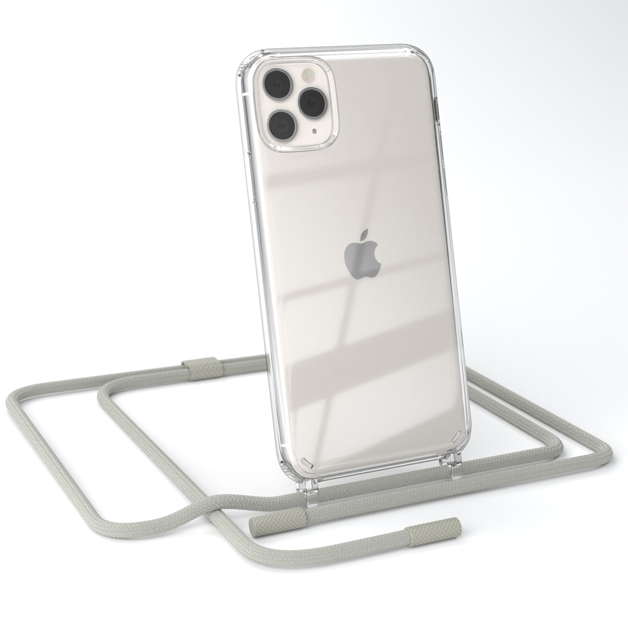 Ein Telefon in einer transparenten Hülle mit grauem Riemen wird angezeigt. Es ist auf einer weißen Oberfläche.