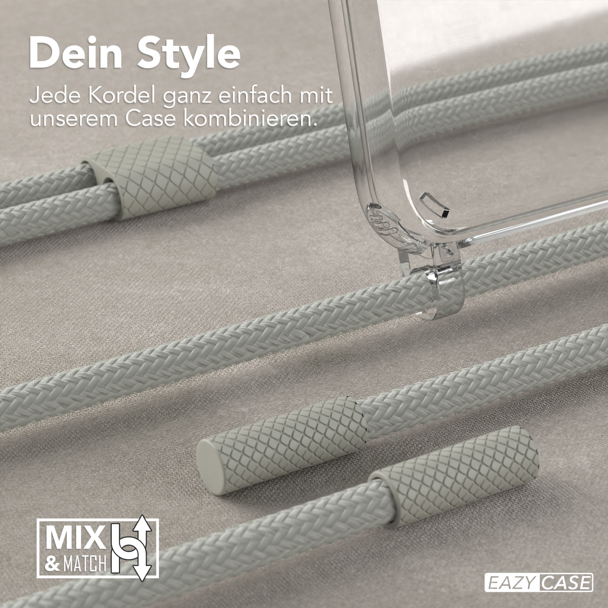 Drei graue Kordeln werden angezeigt, mit einer Handyhülle und einem silbernen Stecker. Weißer Hintergrund, Text: 'Dein Style'.