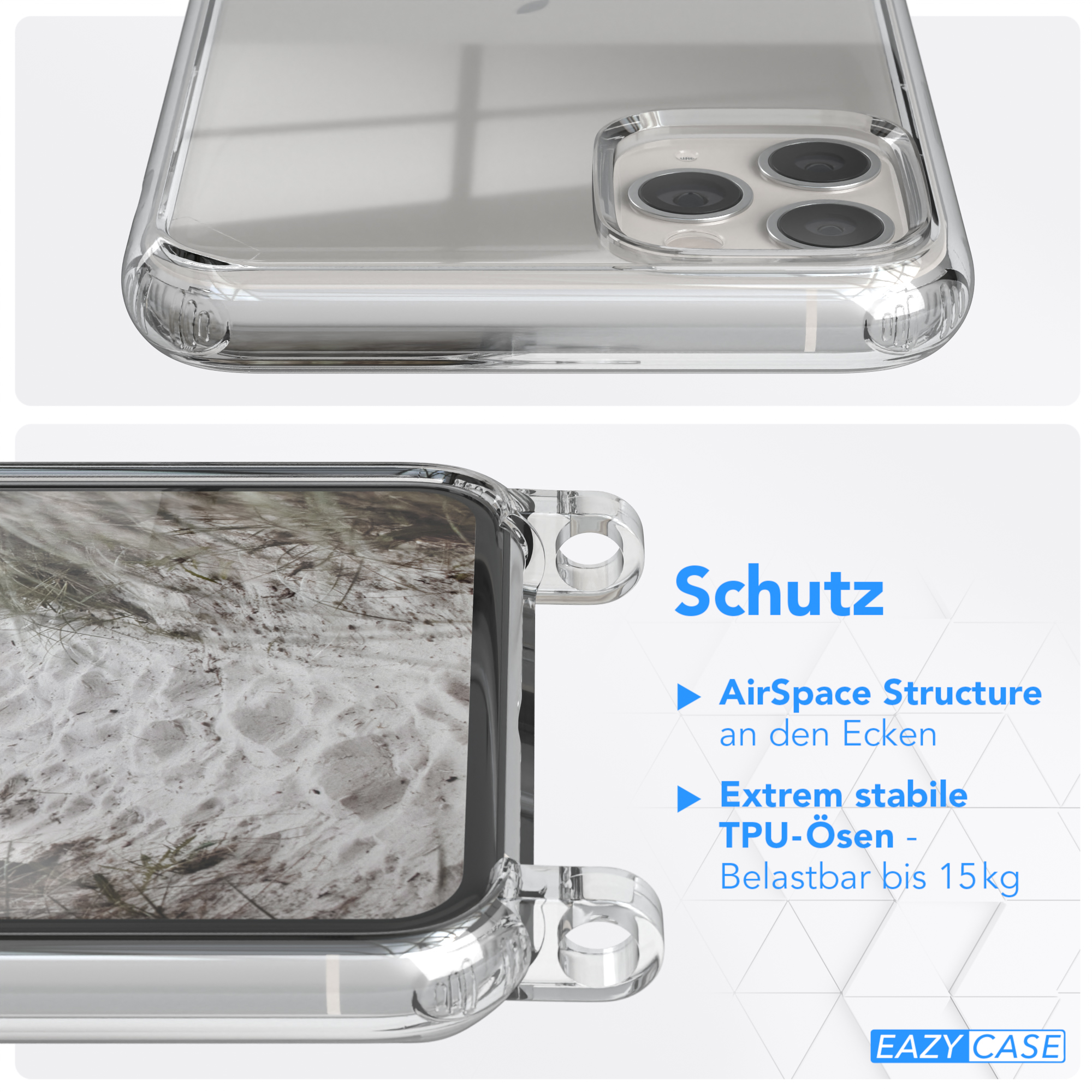unifarbend, Beige CASE Handyhülle Taupe 11 iPhone EAZY / mit Umhängetasche, Apple, runder Grau Pro Max, Transparente Kette