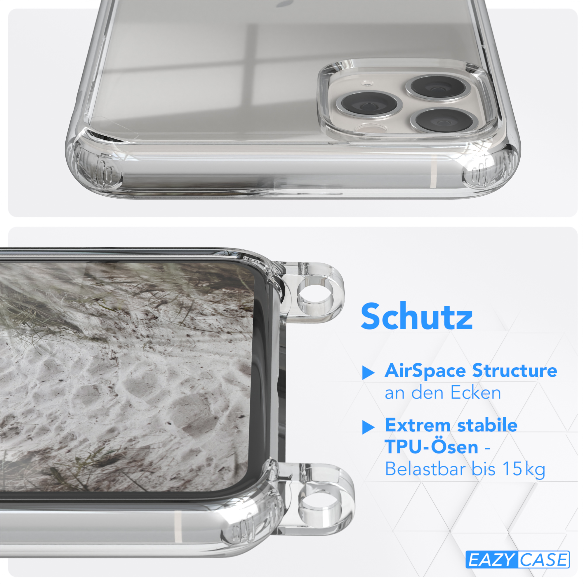 Transparente Handyhülle mit offenem Design. Text: Schutz. Text: AirSpace Structure, Extrem stabile TPU-Ösen.