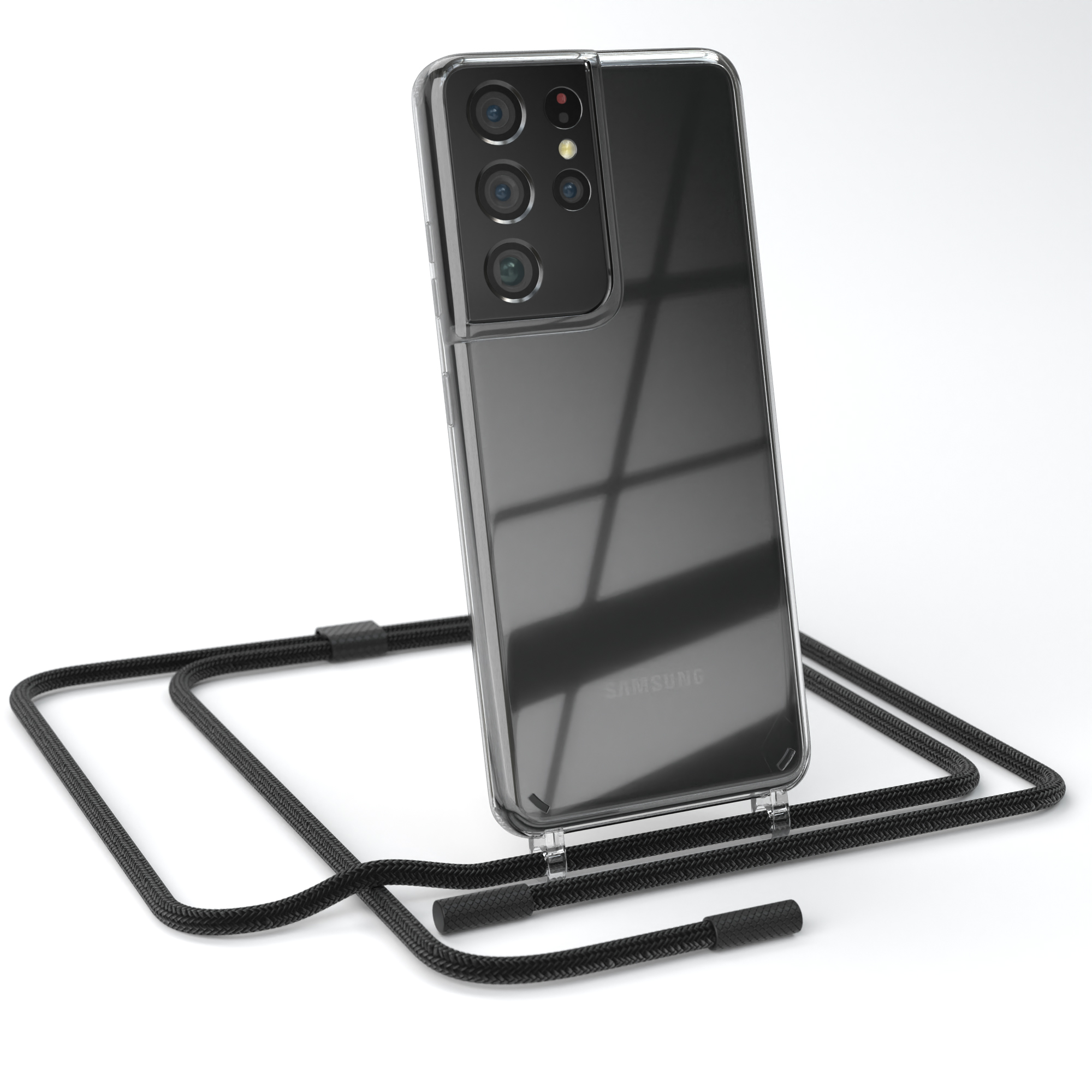 EAZY CASE Transparente Handyhülle mit Kette Ultra Umhängetasche, unifarbend, Samsung, runder Galaxy S21 5G, Schwarz