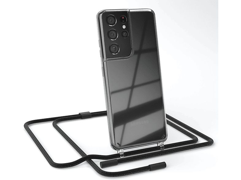 EAZY CASE Transparente Handyhülle Schwarz unifarbend, Galaxy Umhängetasche, Samsung, Ultra mit 5G, S21 runder Kette