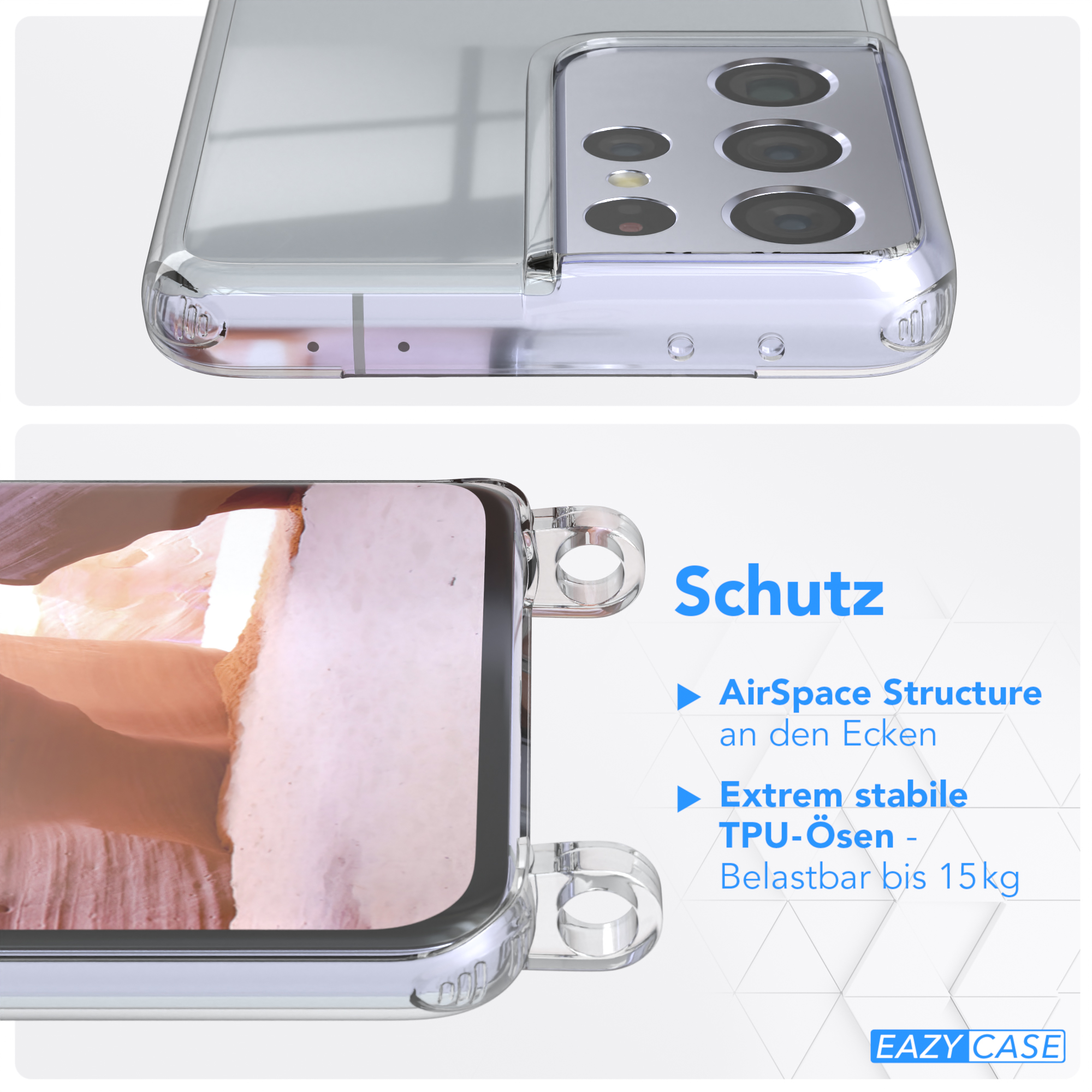 EAZY CASE Transparente Handyhülle mit Umhängetasche, S21 unifarbend, runder Coral / Galaxy Altrosa Kette 5G, Samsung, Ultra