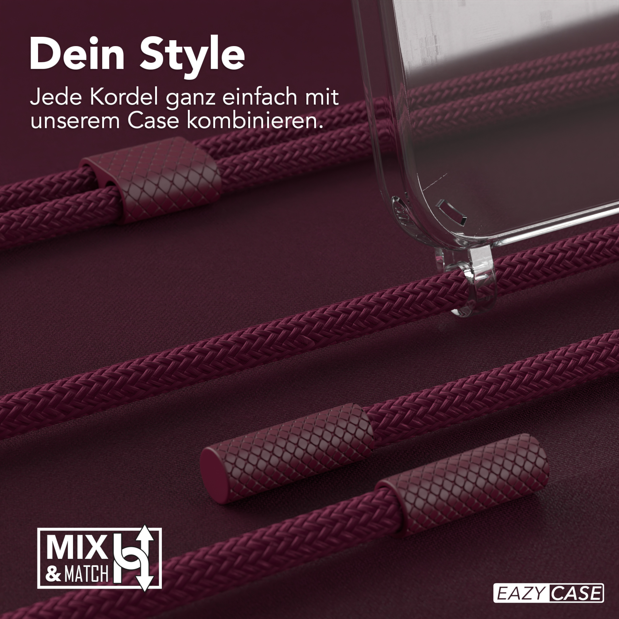 Nahaufnahme von Telefonzubehör: transparente Hülle und ein rot geflochtenes Lanyard. Die Hülle wird vor rotem Hintergrund gezeigt.
