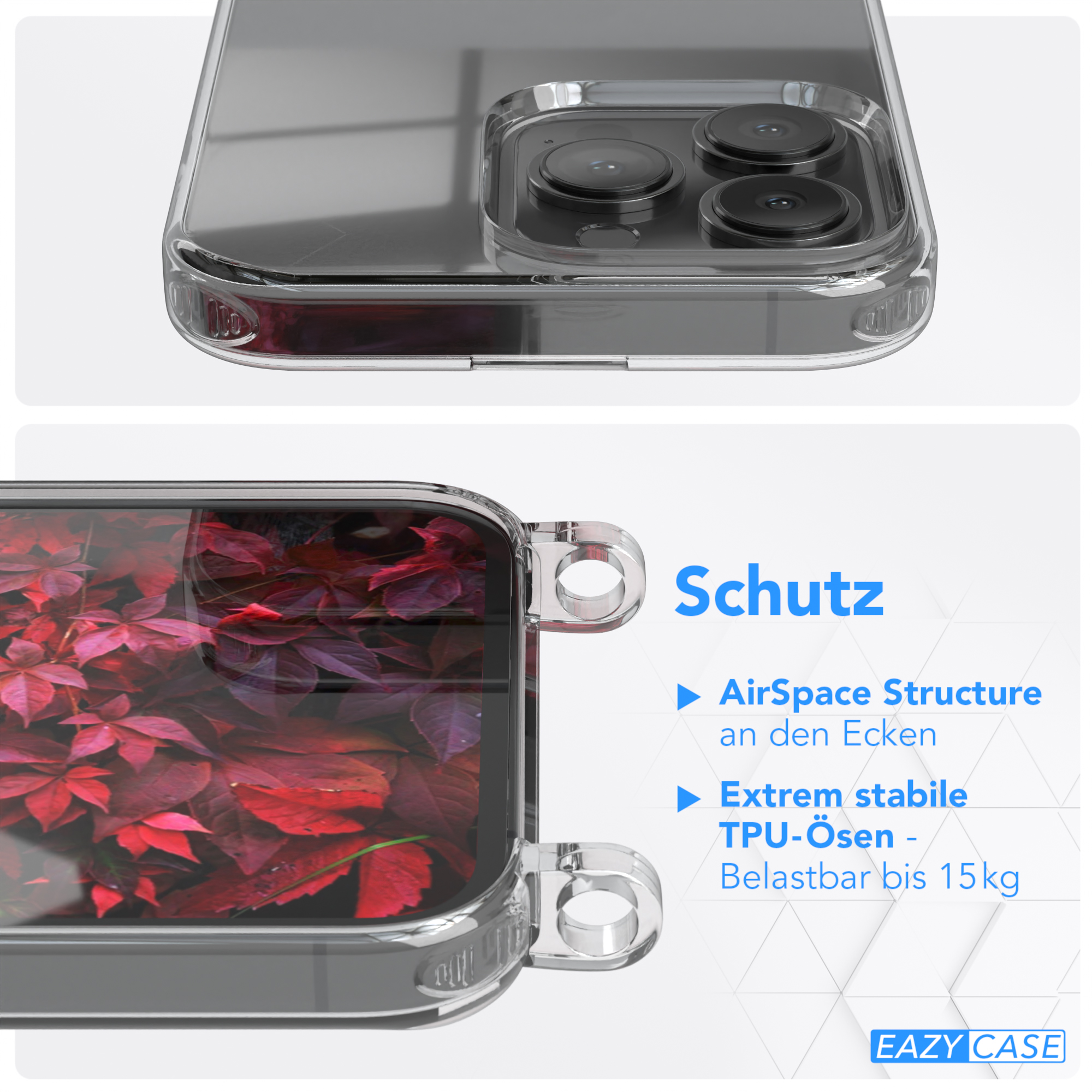 Transparente Handyhülle mit rotem Blumenmuster. Nahaufnahme zeigt Schutzfunktionen, einschließlich einer Airspace-Struktur.