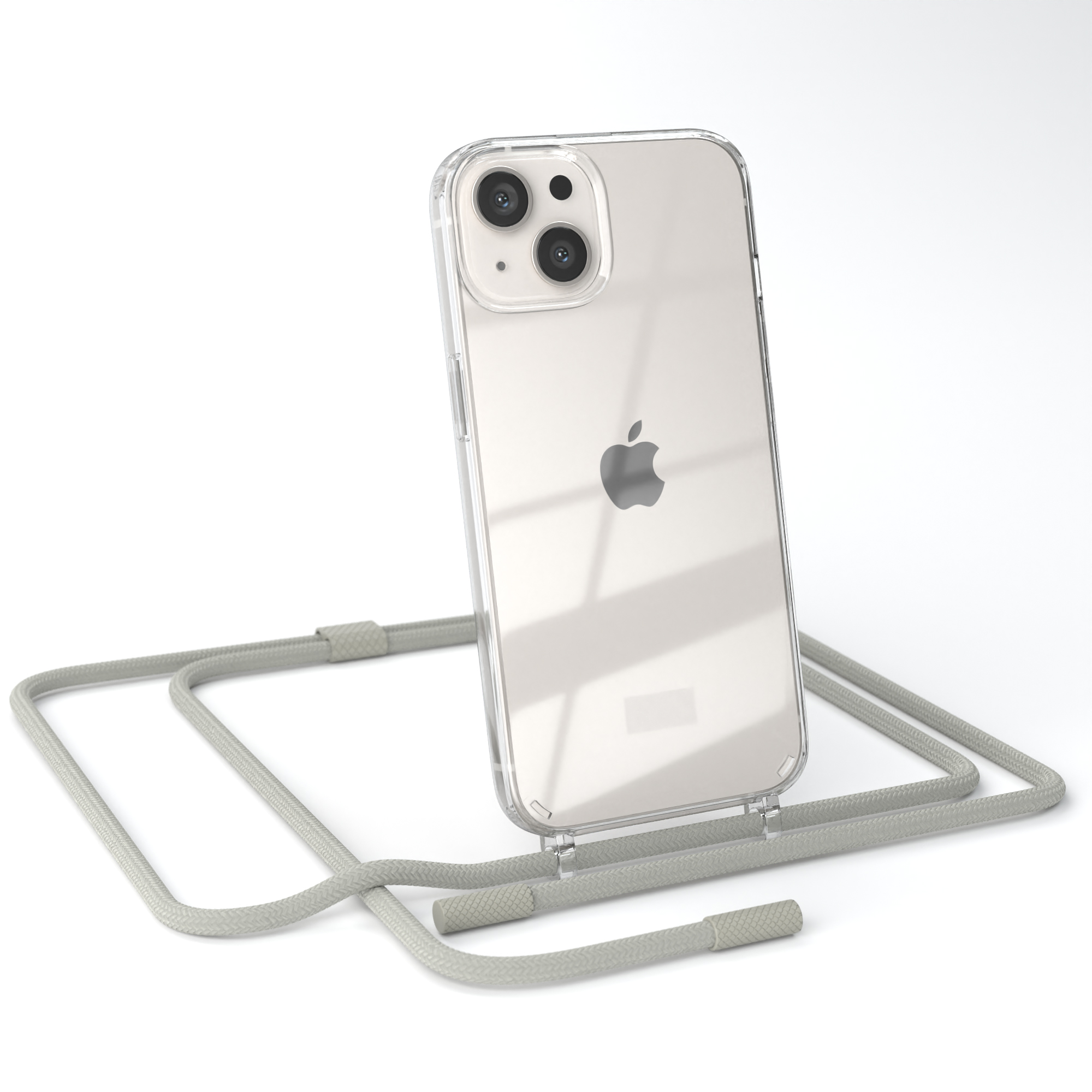 Eine transparente Handyhülle mit einem Telefon darin, das an einem grauen Kabel hängt. Der Hintergrund ist weiß.