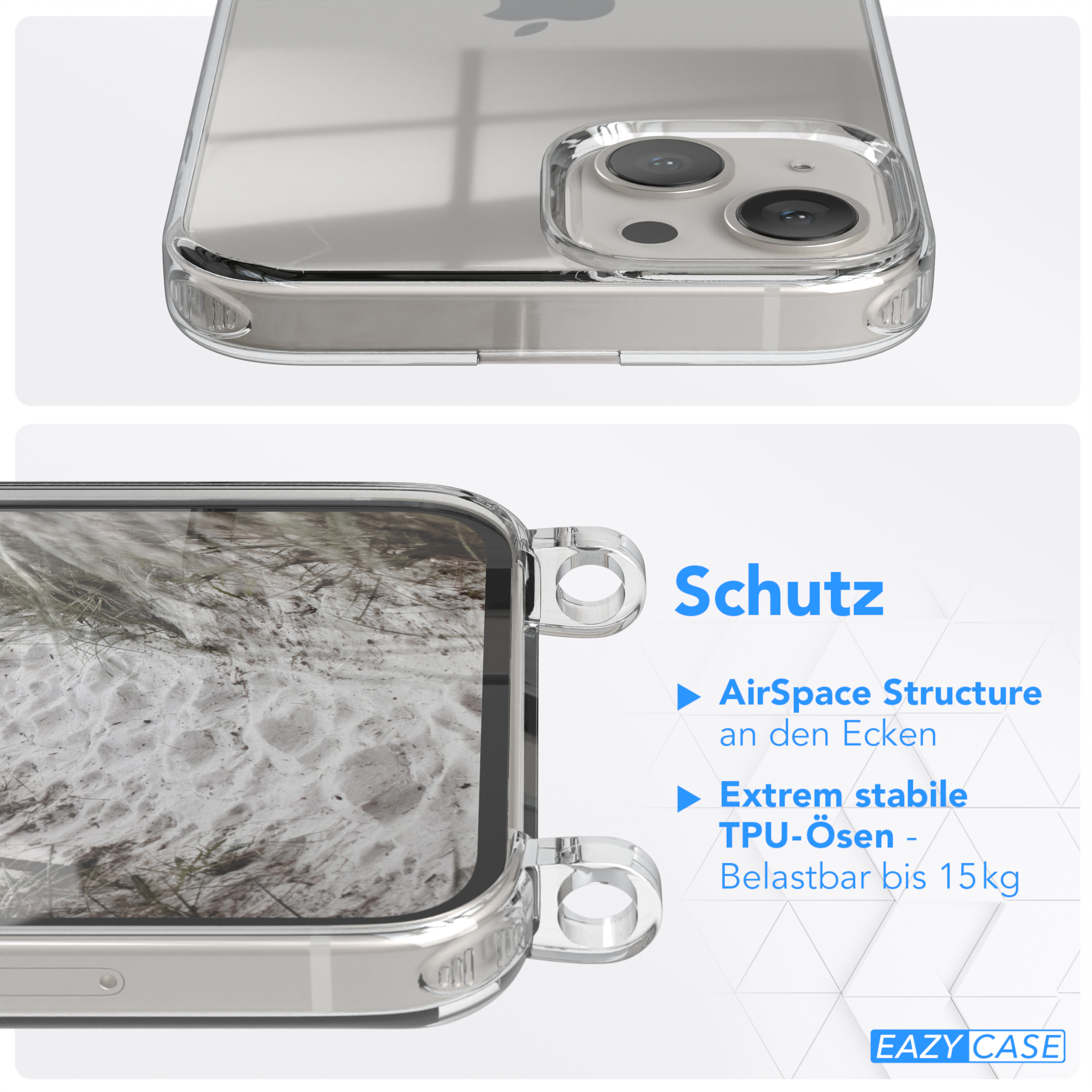 Transparente Handyhülle mit Telefon. Text über Schutz. Weißer Hintergrund, Nahaufnahme.