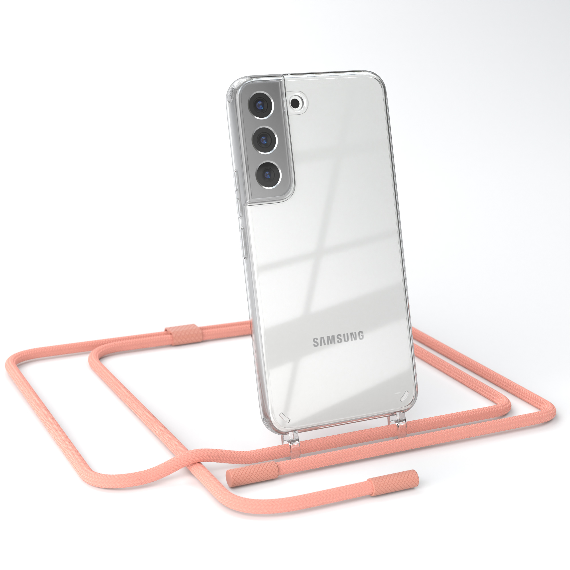 Transparente Handyhülle auf Samsung-Telefon mit pfirsichfarbenem Handygurt, isoliert auf Weiß.