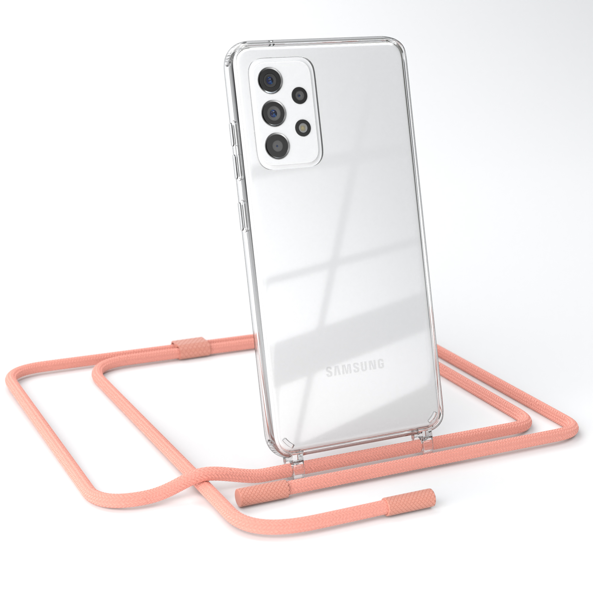 Transparente Handyhülle mit pfirsichfarbenem Riemen. Samsung-Telefon sichtbar. Weißer Hintergrund.