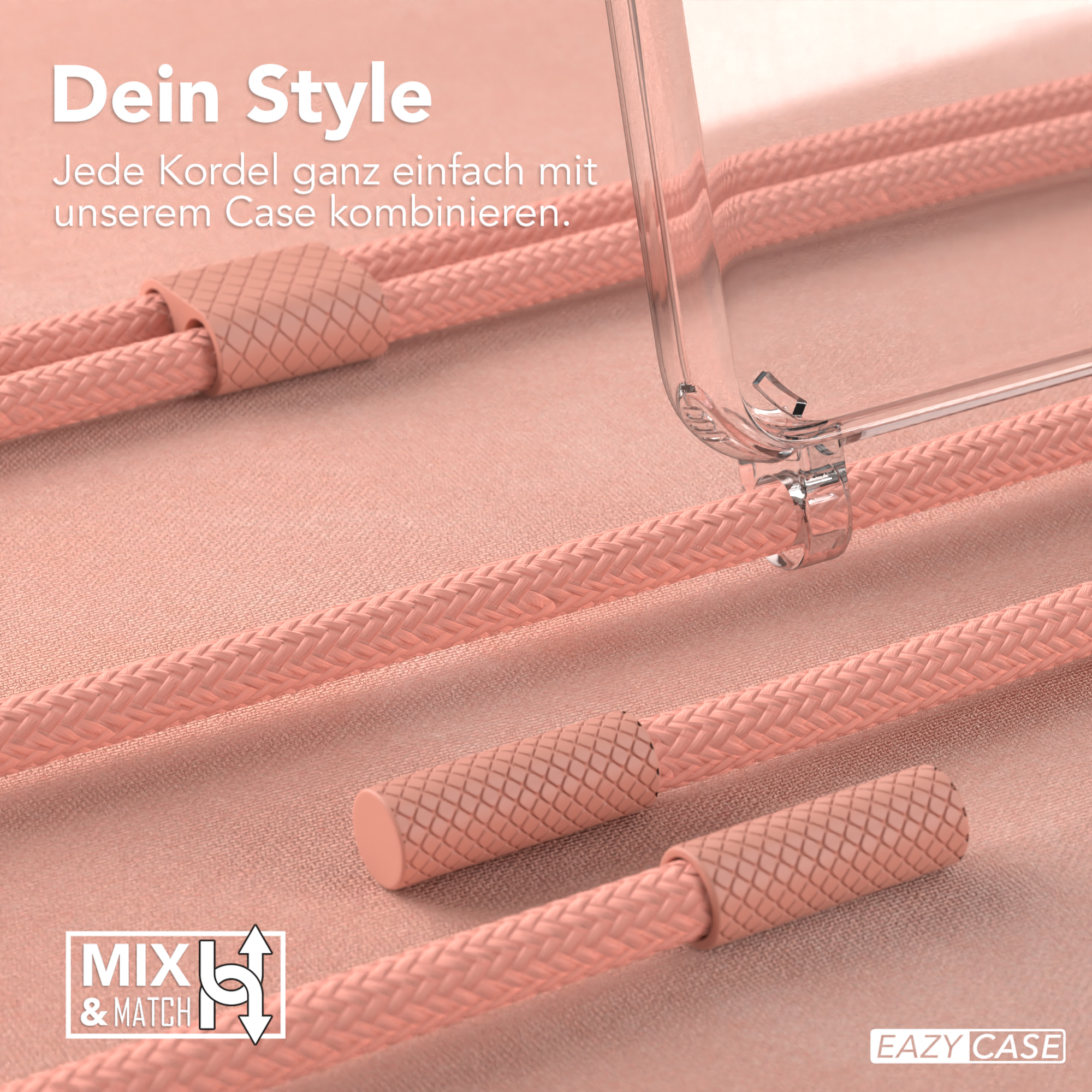 Transparente Handyhülle mit rosa Kordeln, zeigt die Kombination mit einer Hülle.