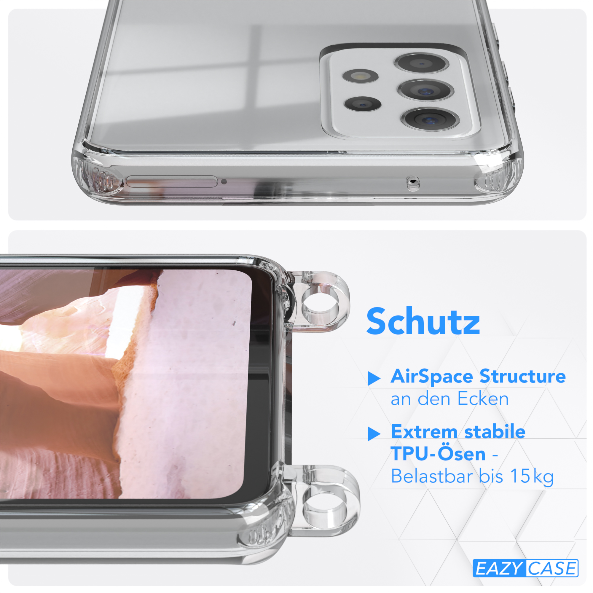 Transparente Handyhülle, Text über Schutz, AirSpace Structure und TPU-Ösen. Eazy Case Logo.