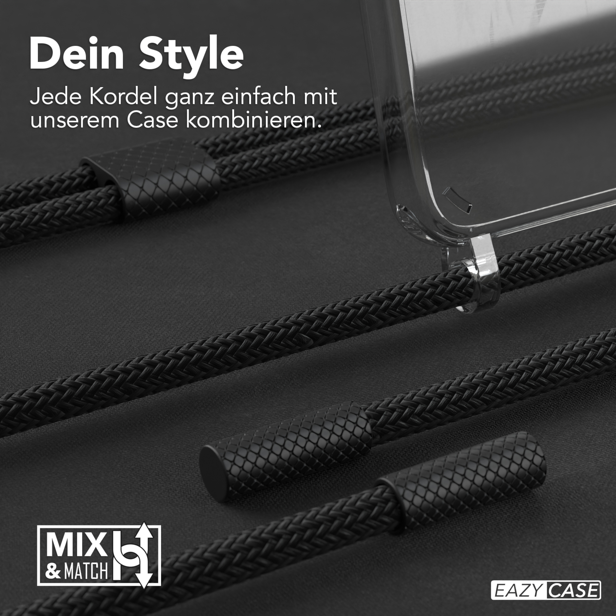 Nahaufnahme einer schwarzen Handyhülle mit geflochtenem Kordel und transparenter Hülle.