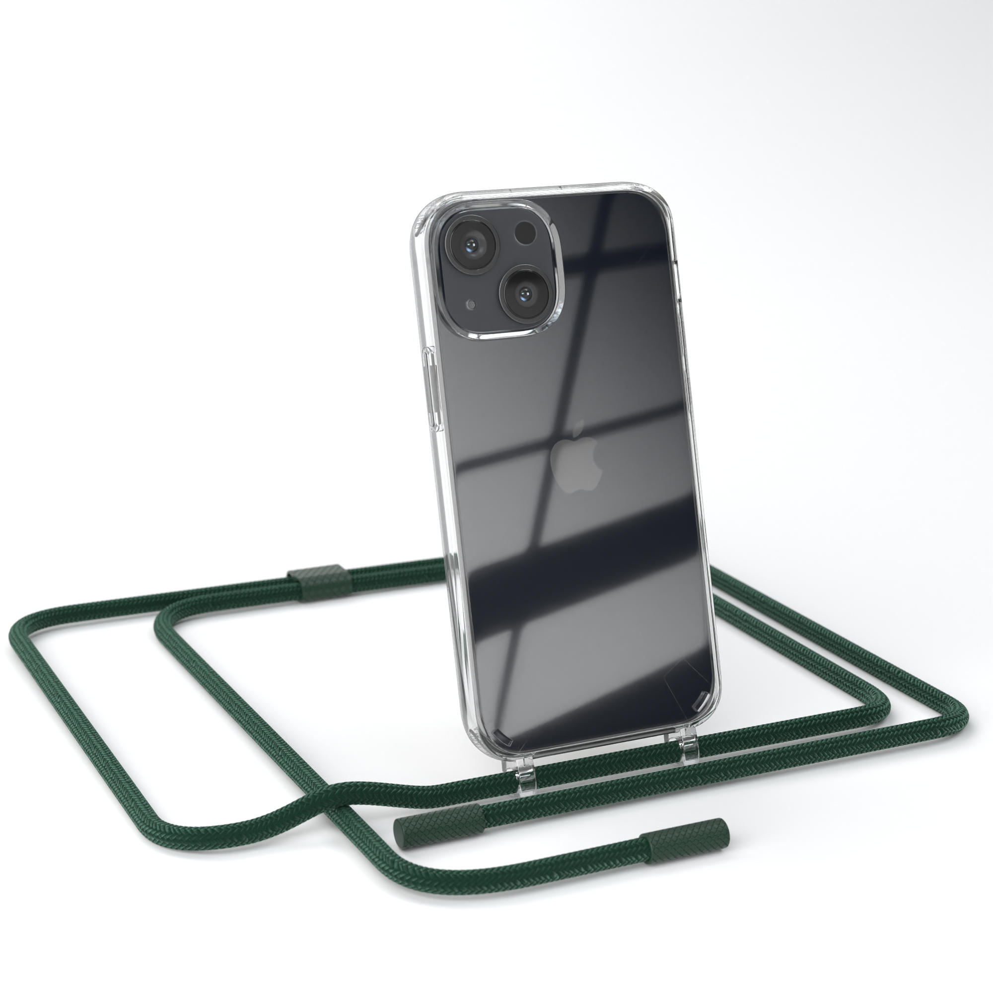 Transparente iPhone-Hülle mit grünem Lanyard. Weißer Hintergrund.