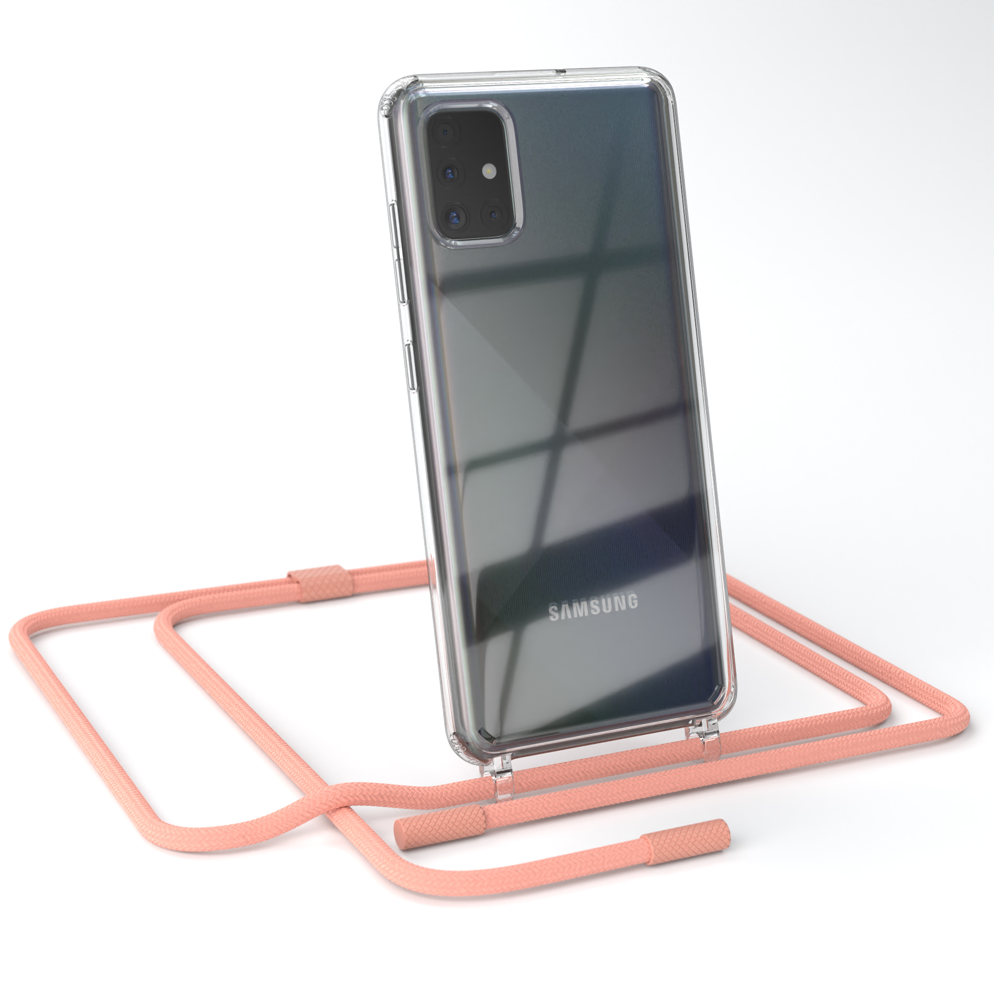 Transparente Handyhülle auf Samsung-Telefon. Pfirsichfarbenes Kabel. Weißer Hintergrund.