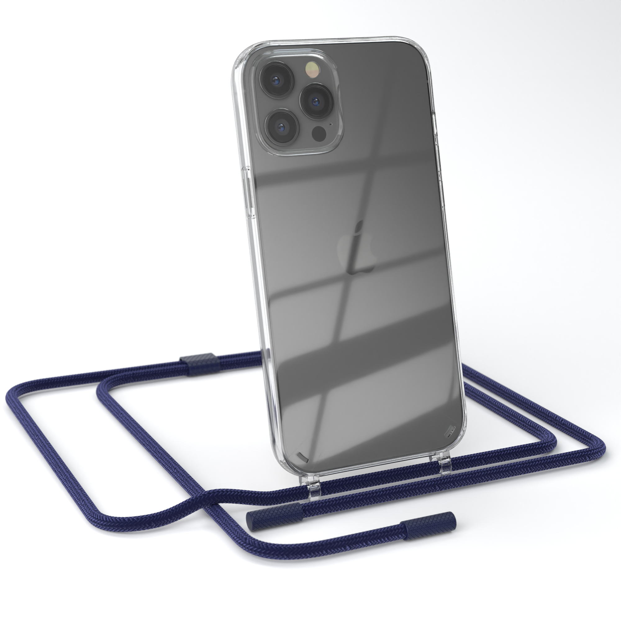 Telefon mit durchsichtiger Hülle und dunkelblauem Umhängeband auf weißem Hintergrund.