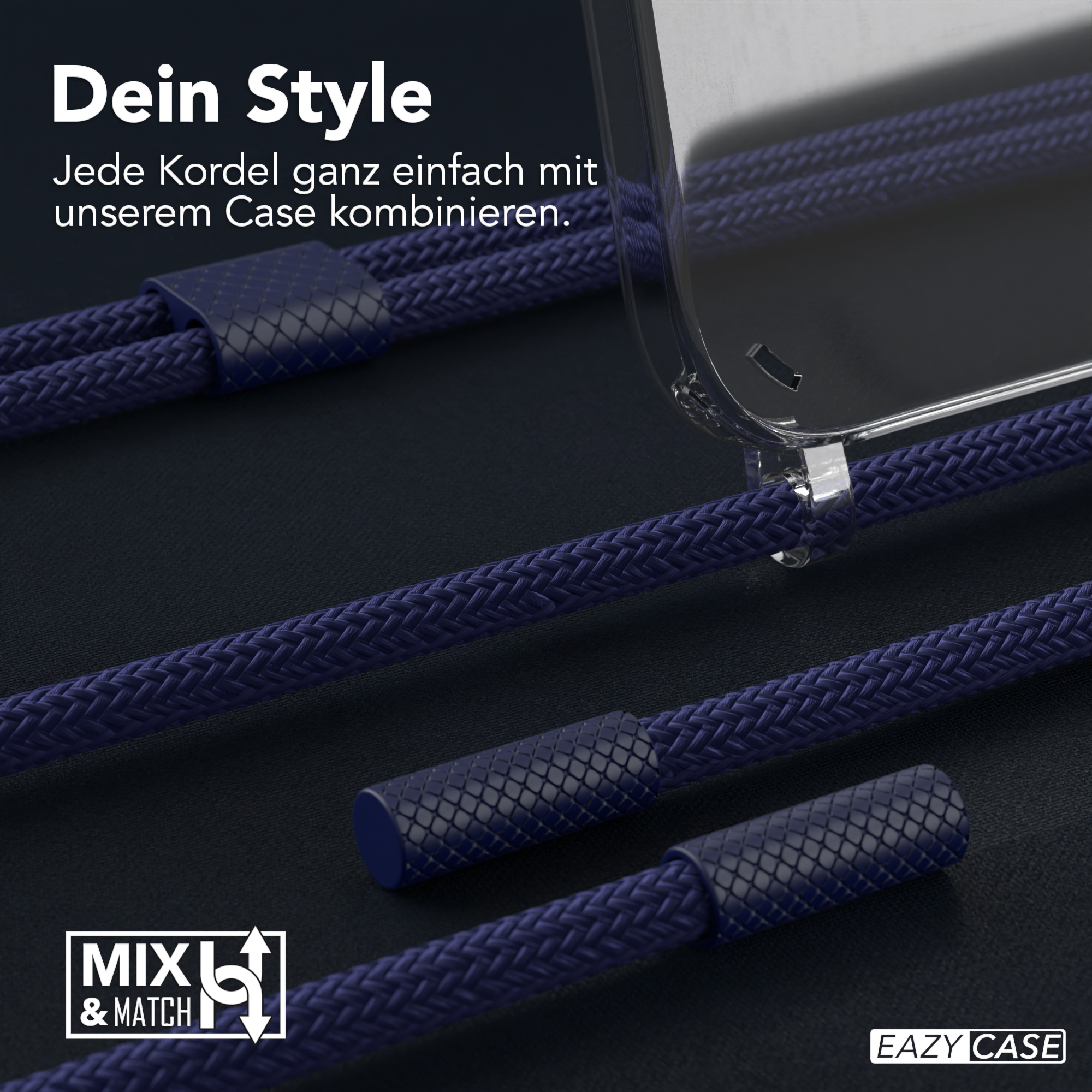 Nahaufnahme eines blauen Seils und einer durchsichtigen Handyhülle. Text auf Deutsch.