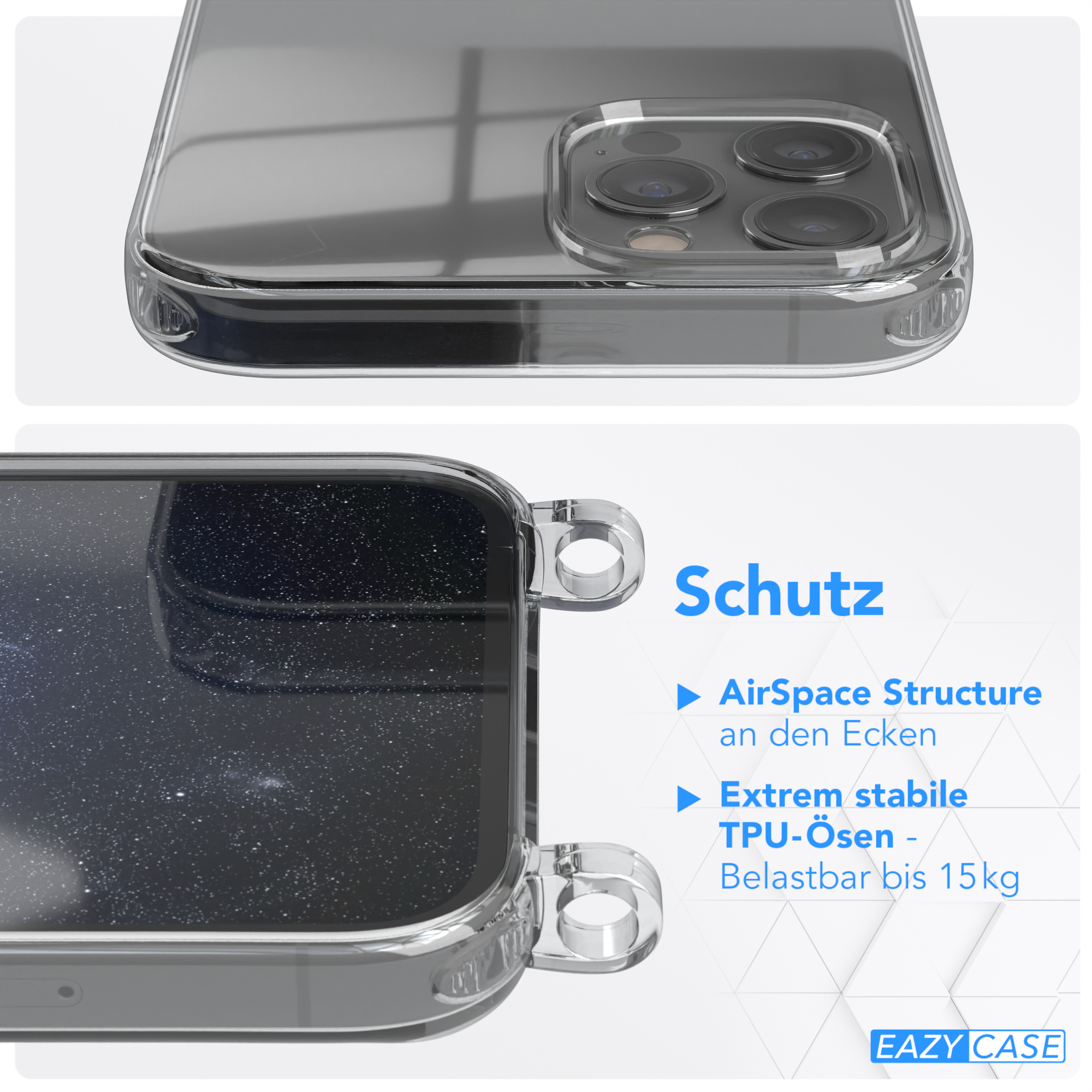 Nahaufnahme einer Handyhülle, die die Ecken zeigt. Die Hülle ist durchsichtig. Text sagt AirSpace Structure und Belastbar bis 15kg.