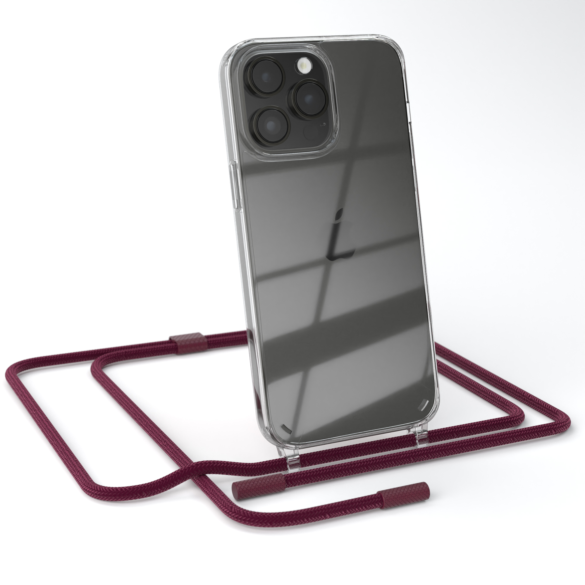 Transparente Handyhülle mit bordeauxfarbenem Umhängeband. Ein iPhone ist darin. Weißer Hintergrund.