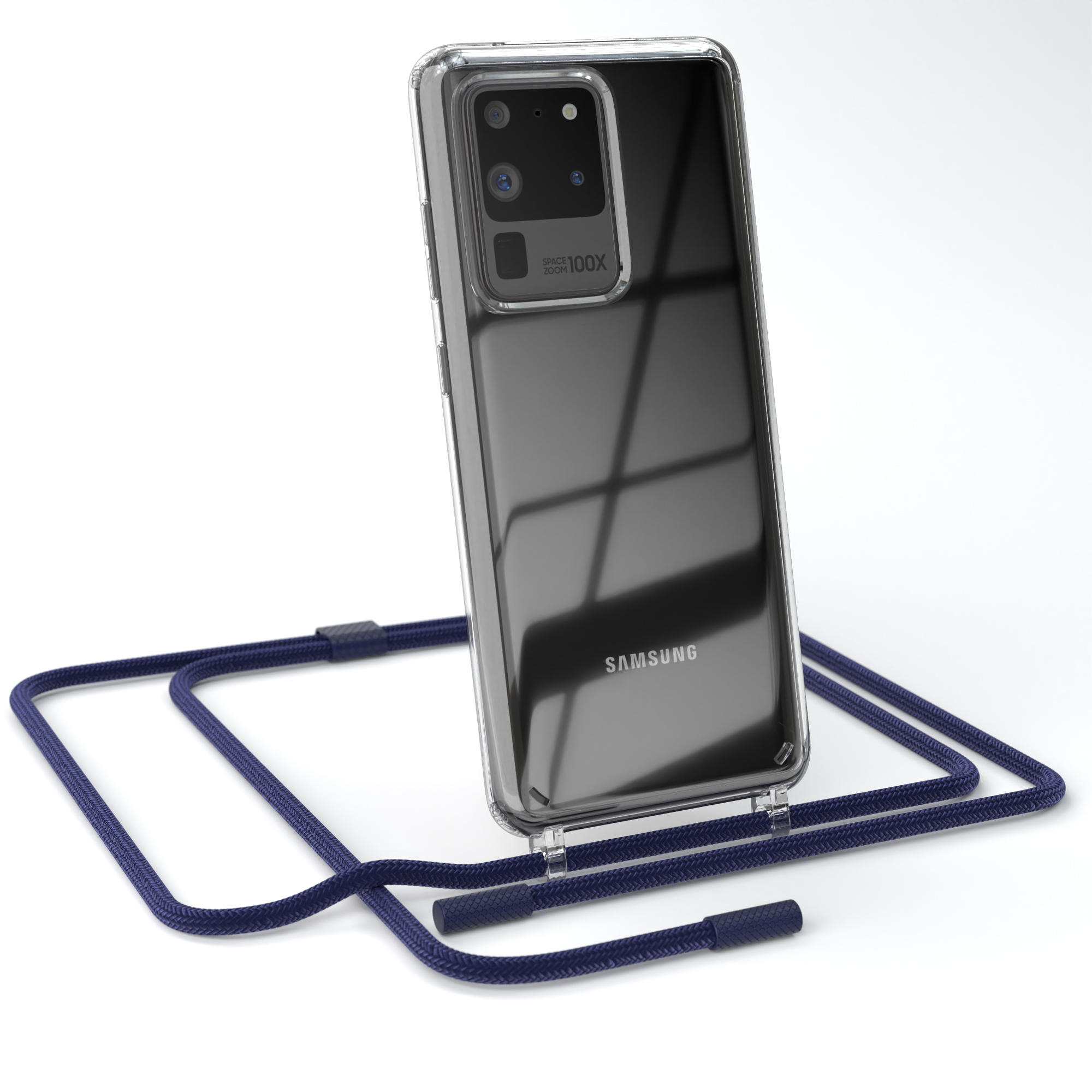 Transparente Handyhülle mit marineblauem Kordel. Samsung-Telefon sichtbar. Weißer Hintergrund.