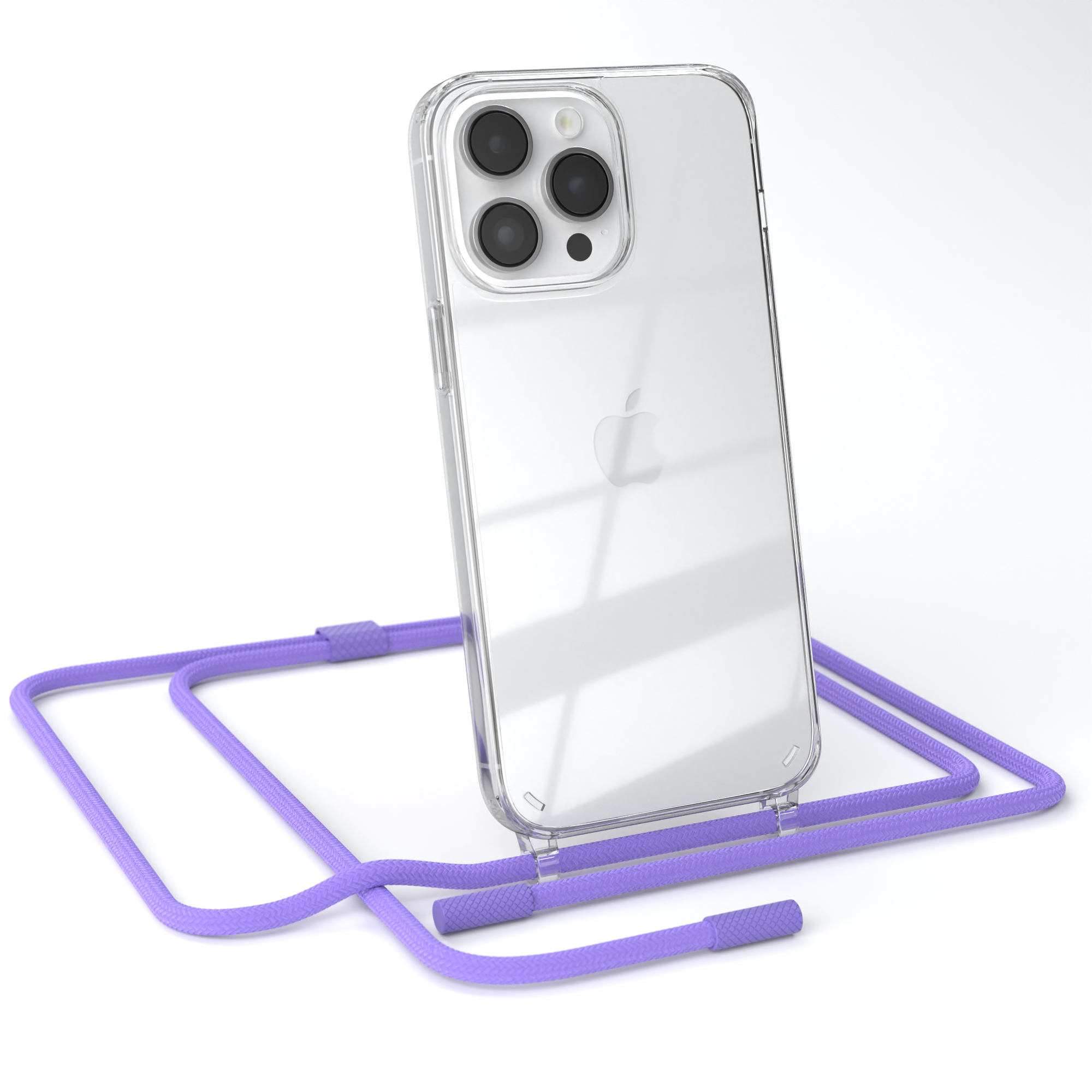 Eine transparente Handyhülle mit lila Handygurt auf weißem Hintergrund.