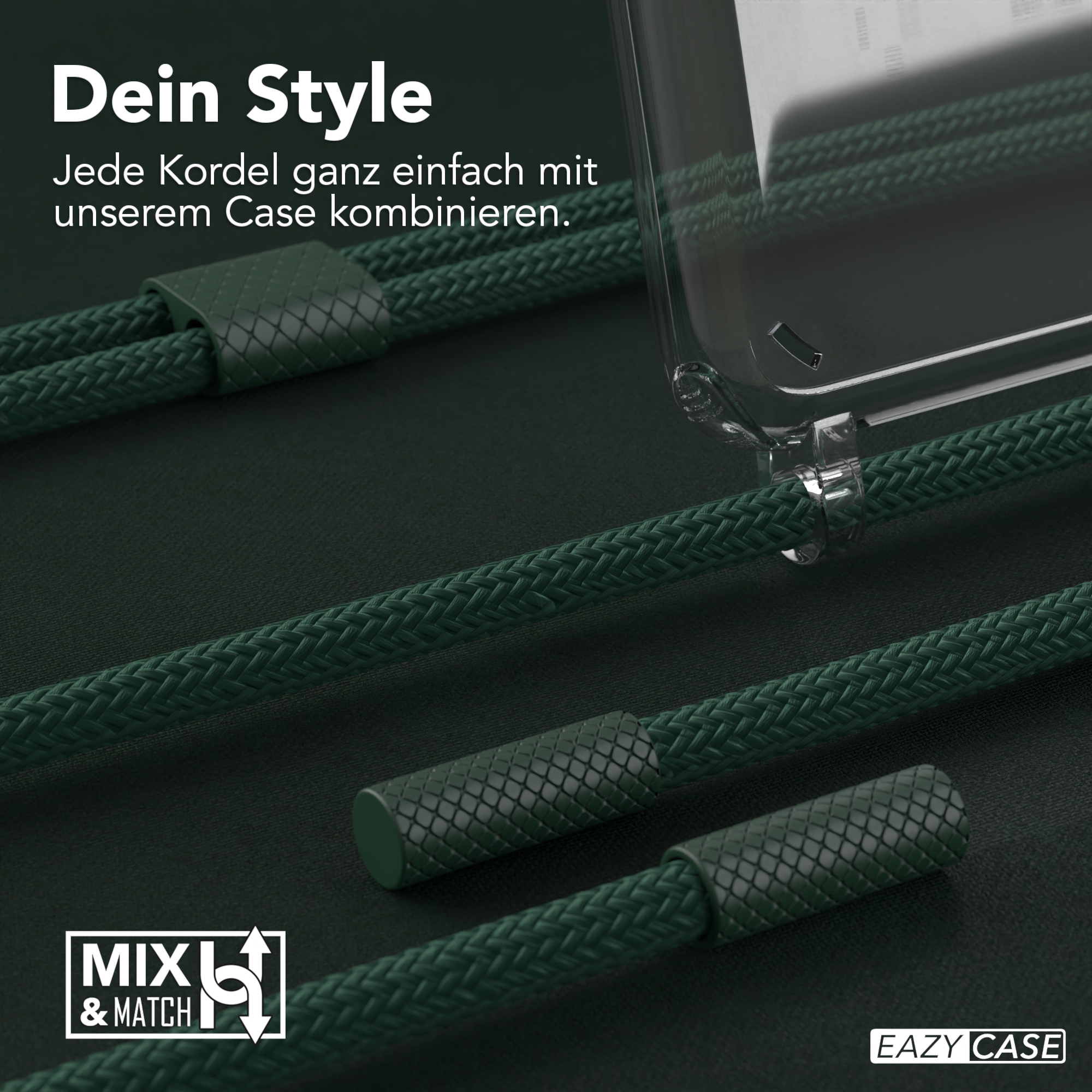 Nahaufnahme von grünen Handykordeln und einer transparenten Handyhülle. Text: 'Dein Style'.