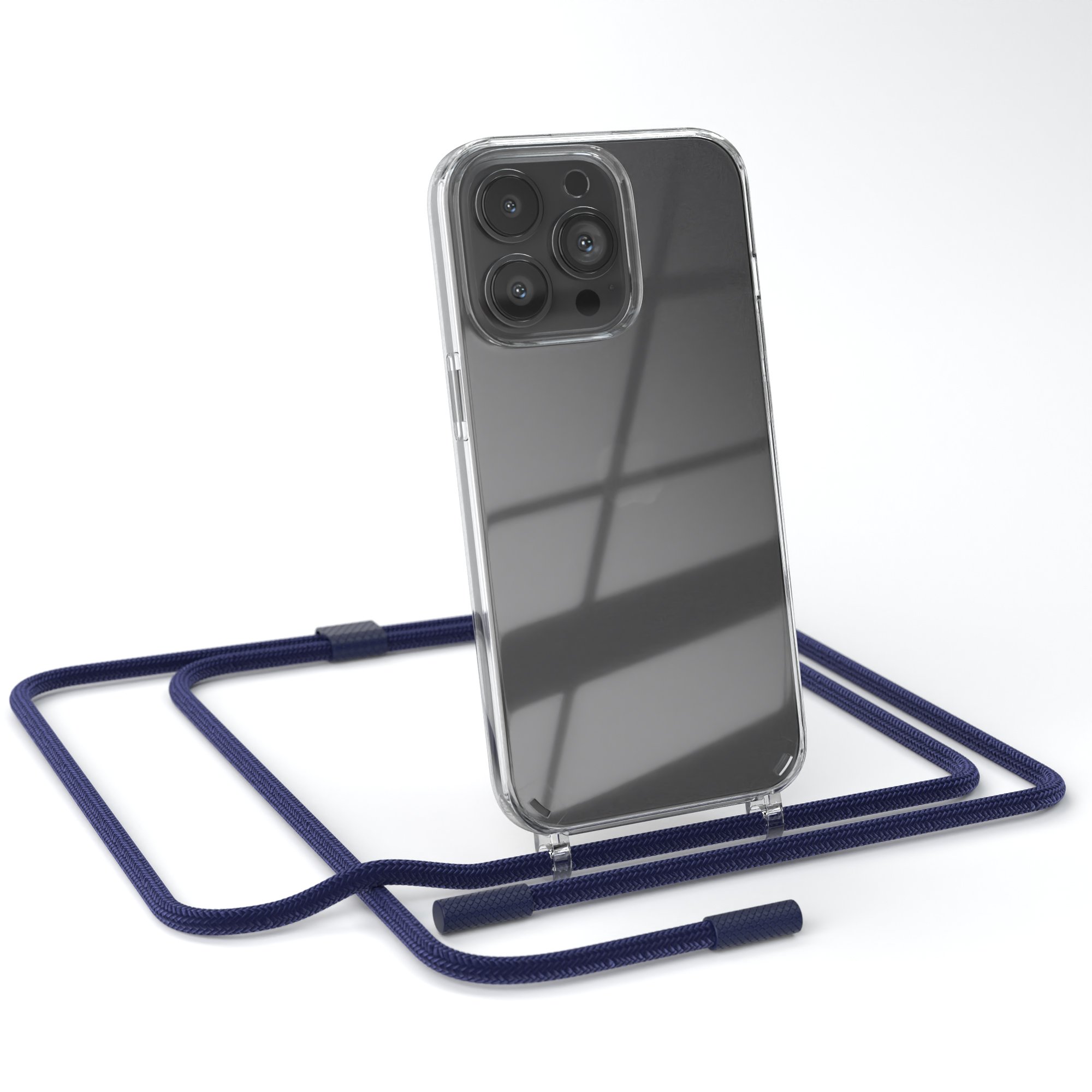 Transparente Handyhülle mit blauem Band. Telefon ist schwarz. Hintergrund ist weiß.