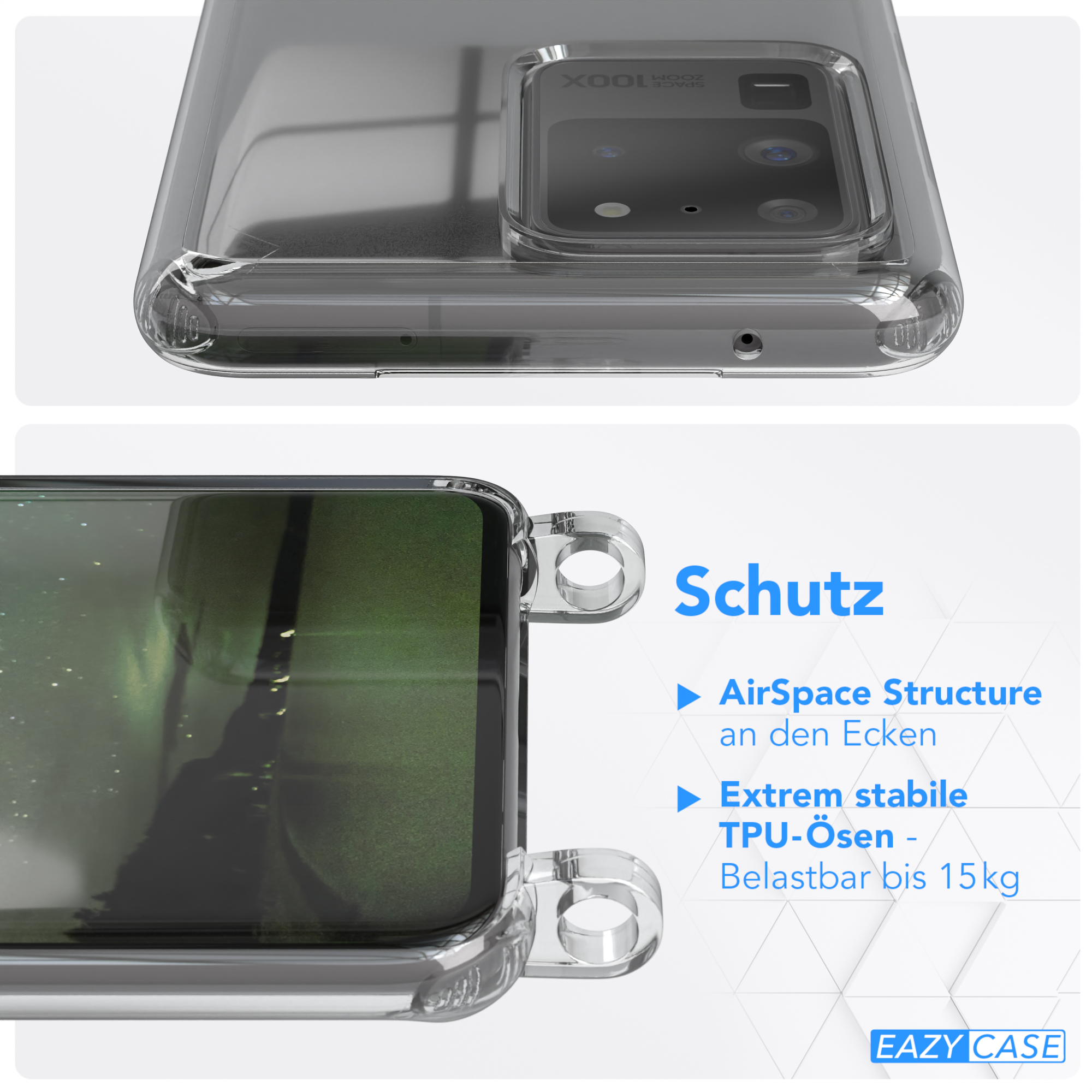 Nahaufnahme einer Handyhülle. Zeigt Design und Schutzfunktionen mit AirSpace Structure und TPU-Ösen.