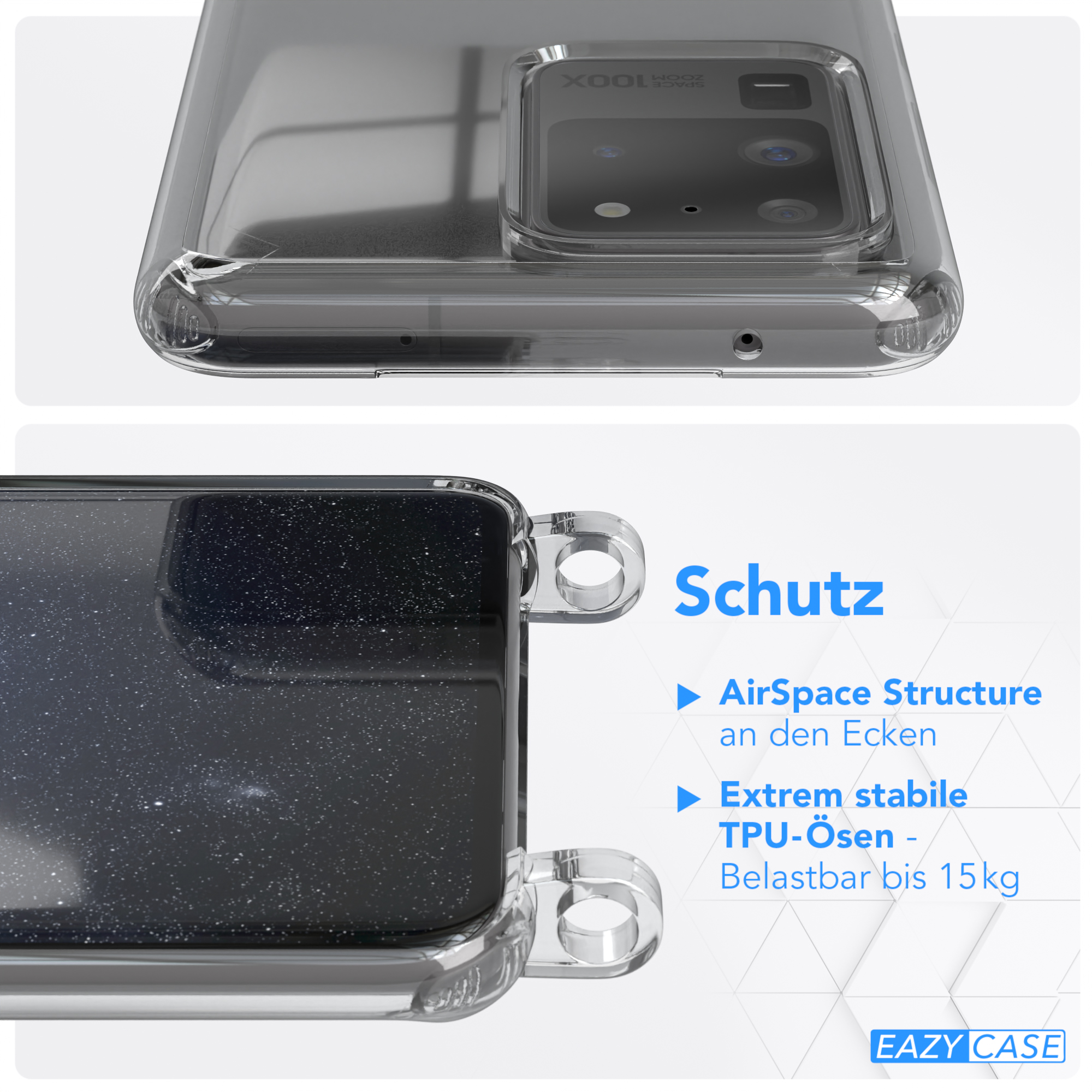 Transparente Handyhülle mit Telefon, zeigt Schutzfunktionen.