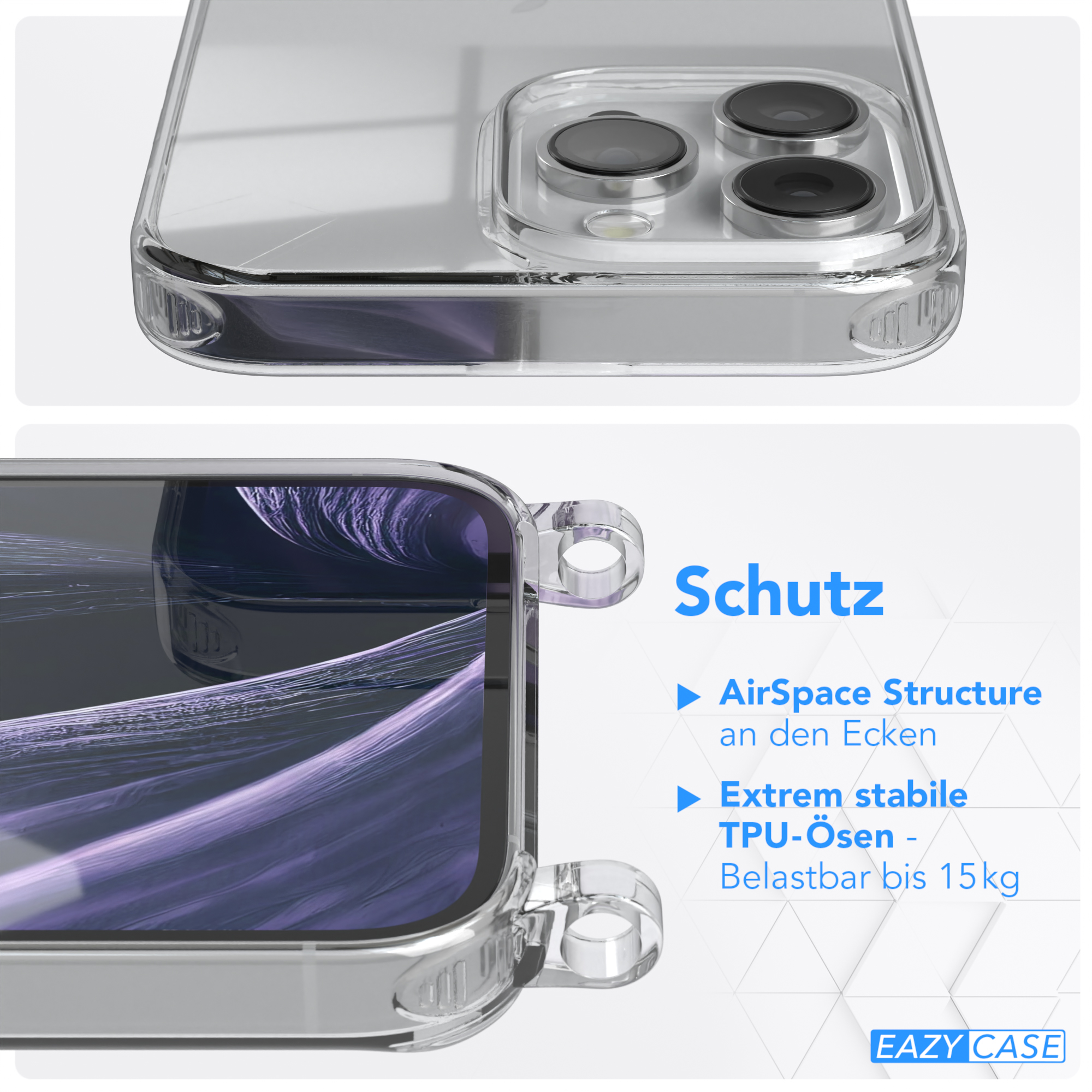 Transparente Handyhülle mit Text: "Schutz". Merkmale AirSpace Structure und TPU.