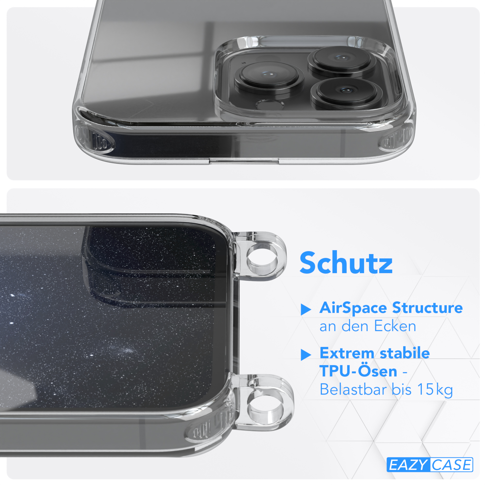 Nahaufnahme einer Handyhülle mit einem Telefon darin. Die Hülle hat ein klares Design zum Schutz.
